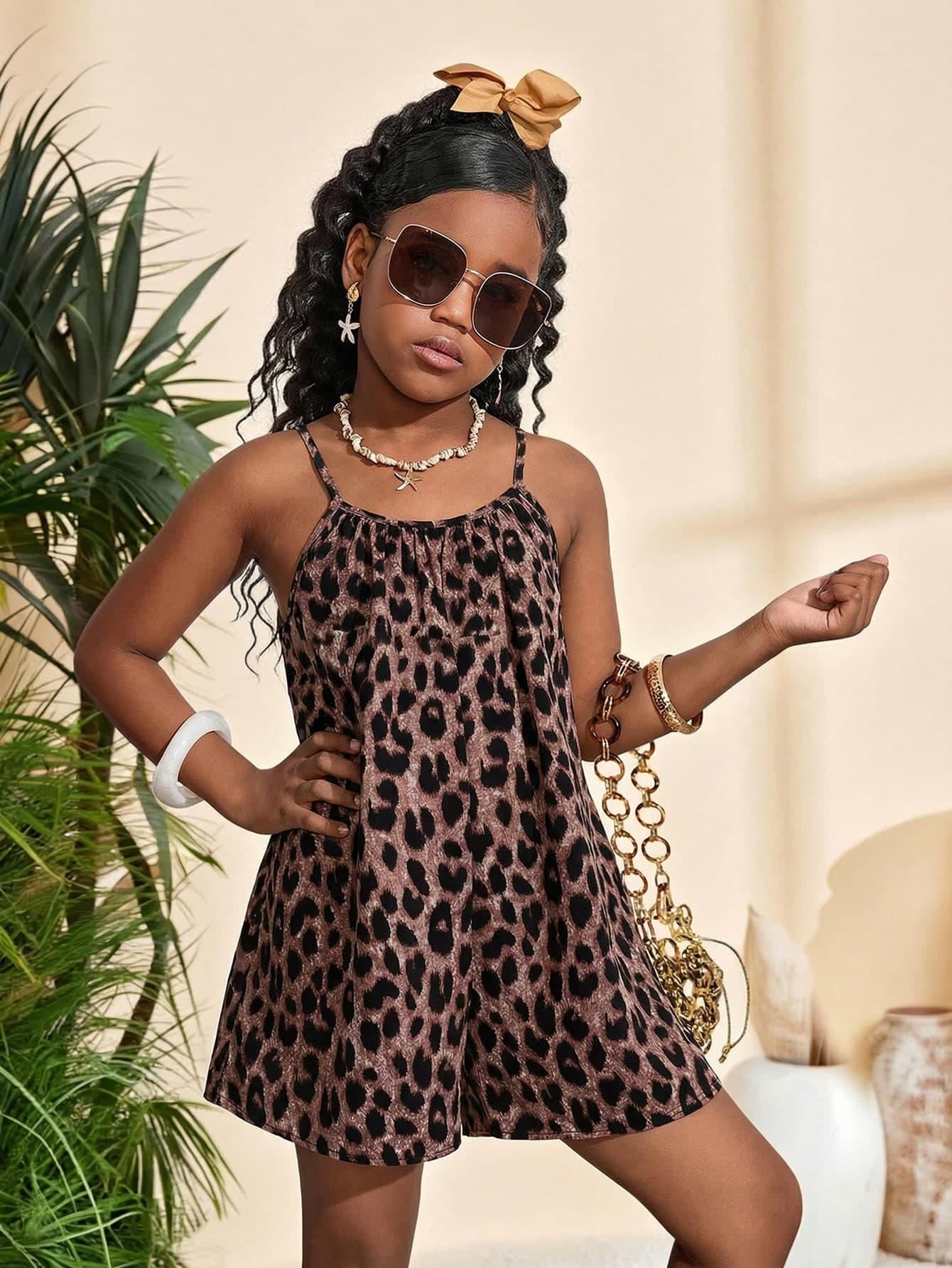 SHEIN Tween Girls Brown Striped,Summer,Boho,Vacation,Holiday Chic Colorful Print Loose Fitting Jumpsuit,Mothers Day Outfit,Graduation,Mommy & Me Matching