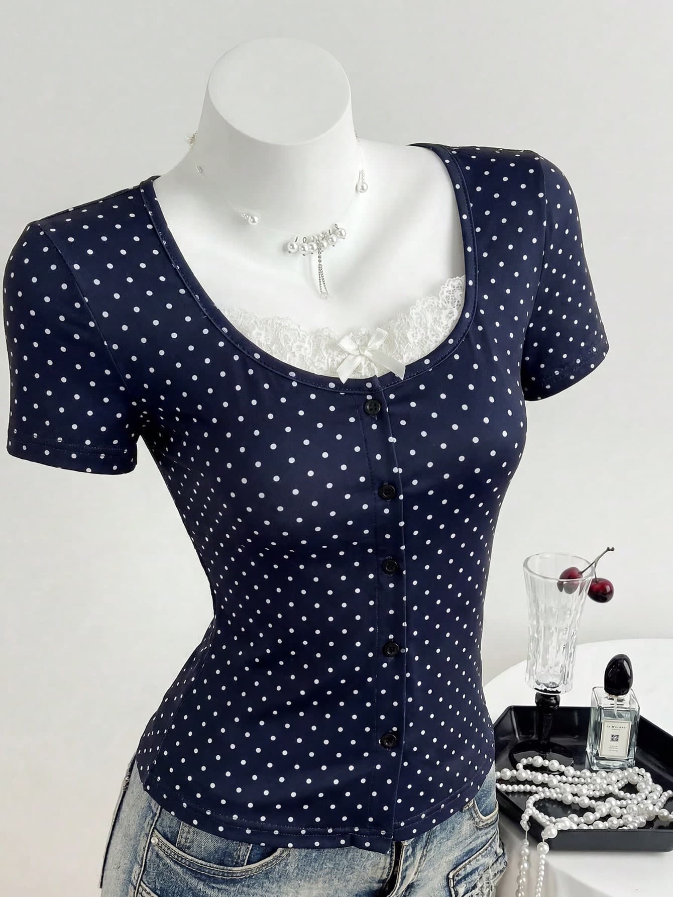 Vintage Polka Dot Short Sleeve T-Shirt For Teen Girl,Summer Cute Party Navy Blue Lace Bow Collar Waist-Cinched Silhouette Elegant Comfortable Fabric