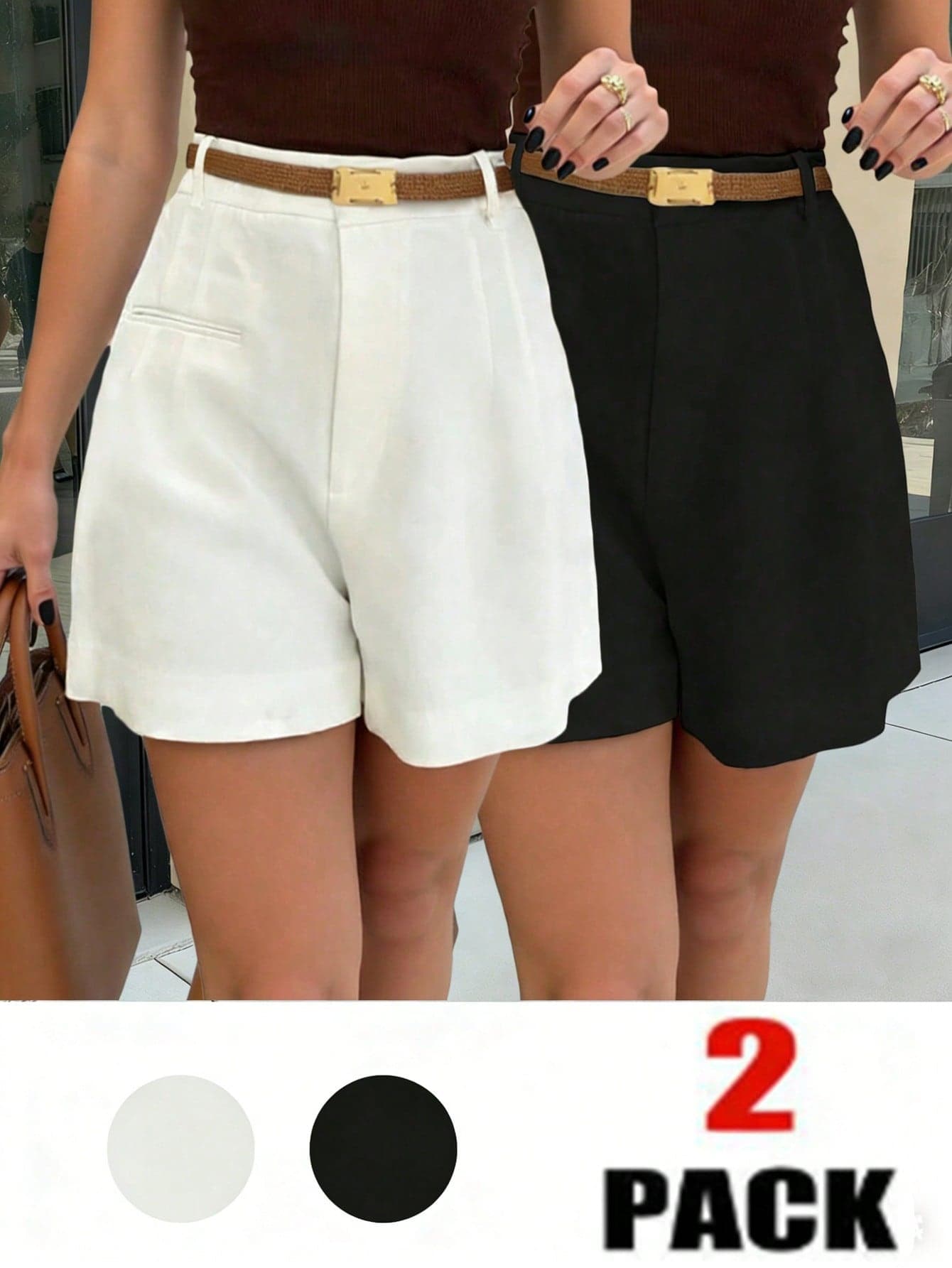 EMERY ROSE Solid Color Pleated Casual Shorts With Belt Loops