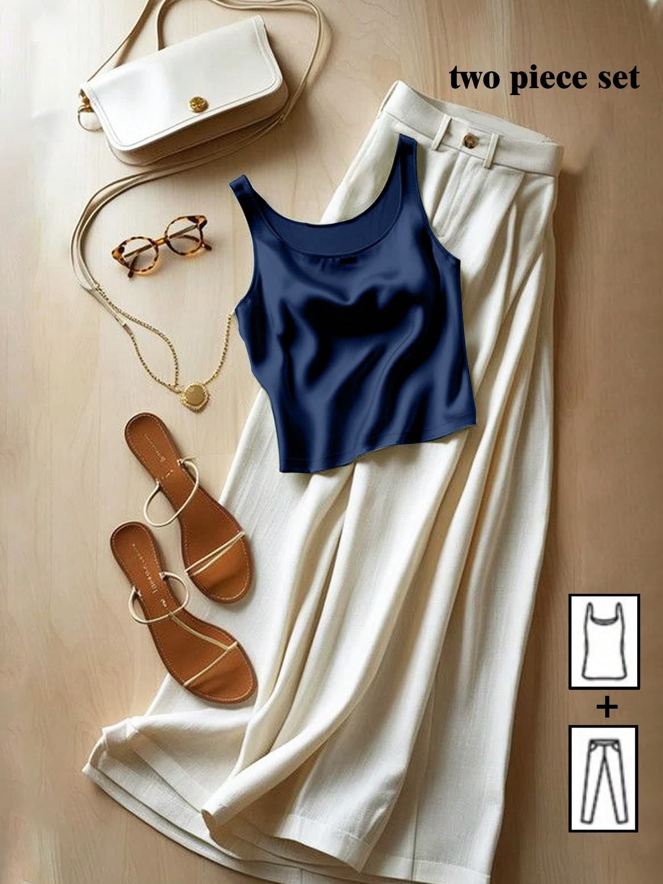 Franclia 2pcs Women Satin Camisole And Pants Set,Navy Blue,Summer,Elegant,Tea Party Casual Outfits For Woman Vacation Daily Wear Campus Style Two Piece Set