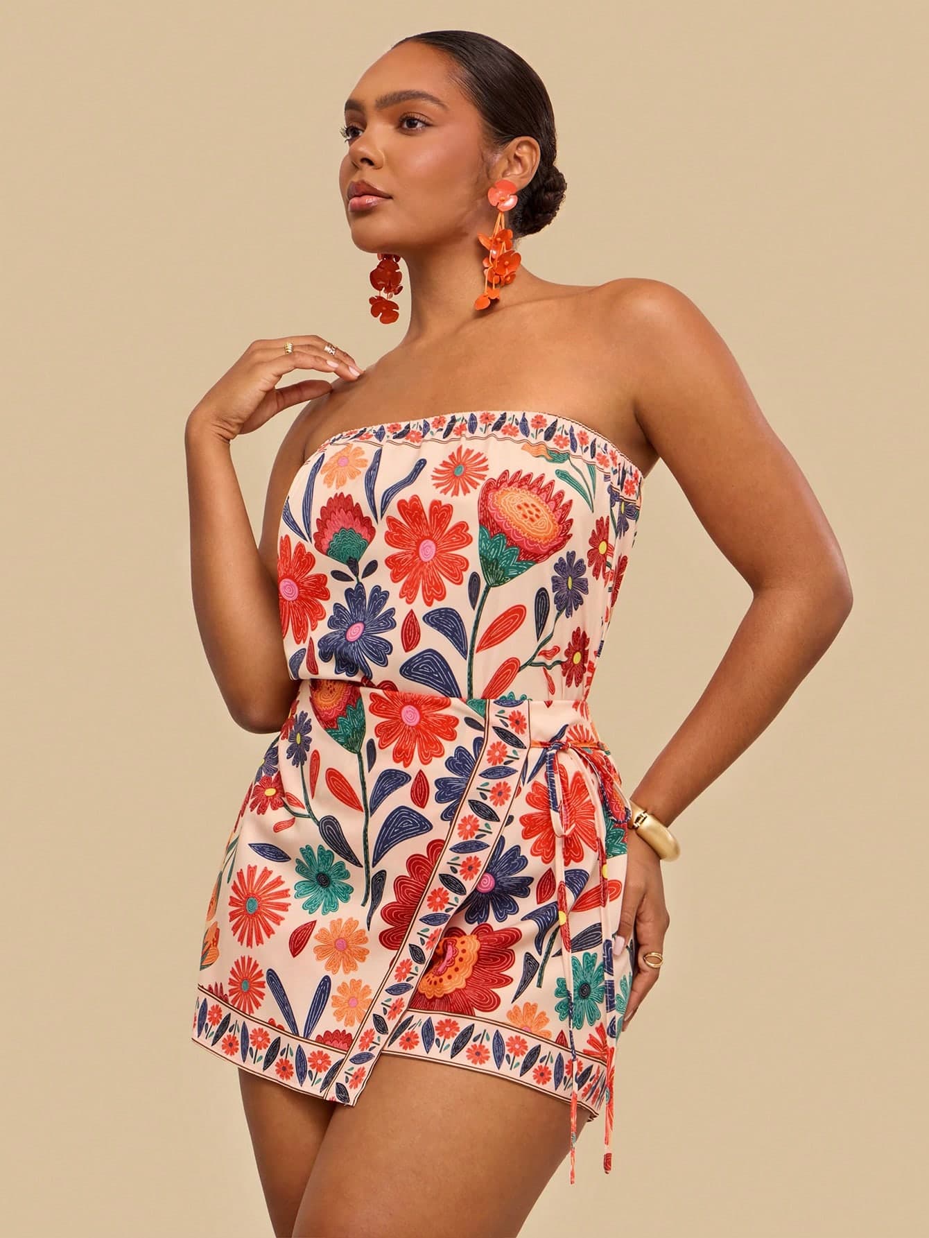 Travachic Plus Size Women's Beige Boho Floral Print Summer Two Piece Set,Strapless Off-Shoulder Top & Asymmetric Skirt Jumpsuit,Elegant Vacation Holiday Outfit