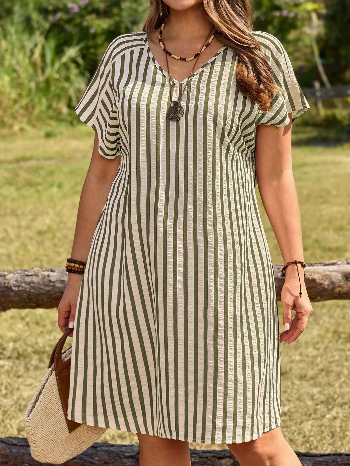 EMERY ROSE Plus Size Women's Summer Boho Vacation Holiday Olive Green Striped V-Neck Batwing Short Sleeve Loose Flowy Dress,Casual Daily Commute Outfits
