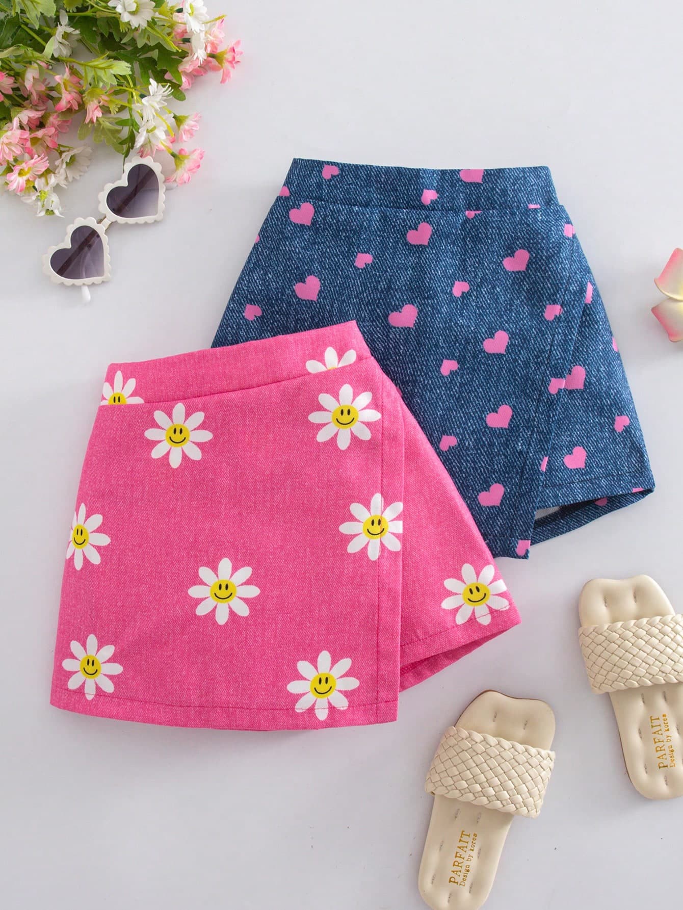 SHEIN Elladie kids 2pcs/Set Young Girl' Vibrant Holiday Sunflower, Heart, Face Denim Effect Print Asymmetrical Shorts, Blue & Pink Combo, Suitable For Summer Outings
