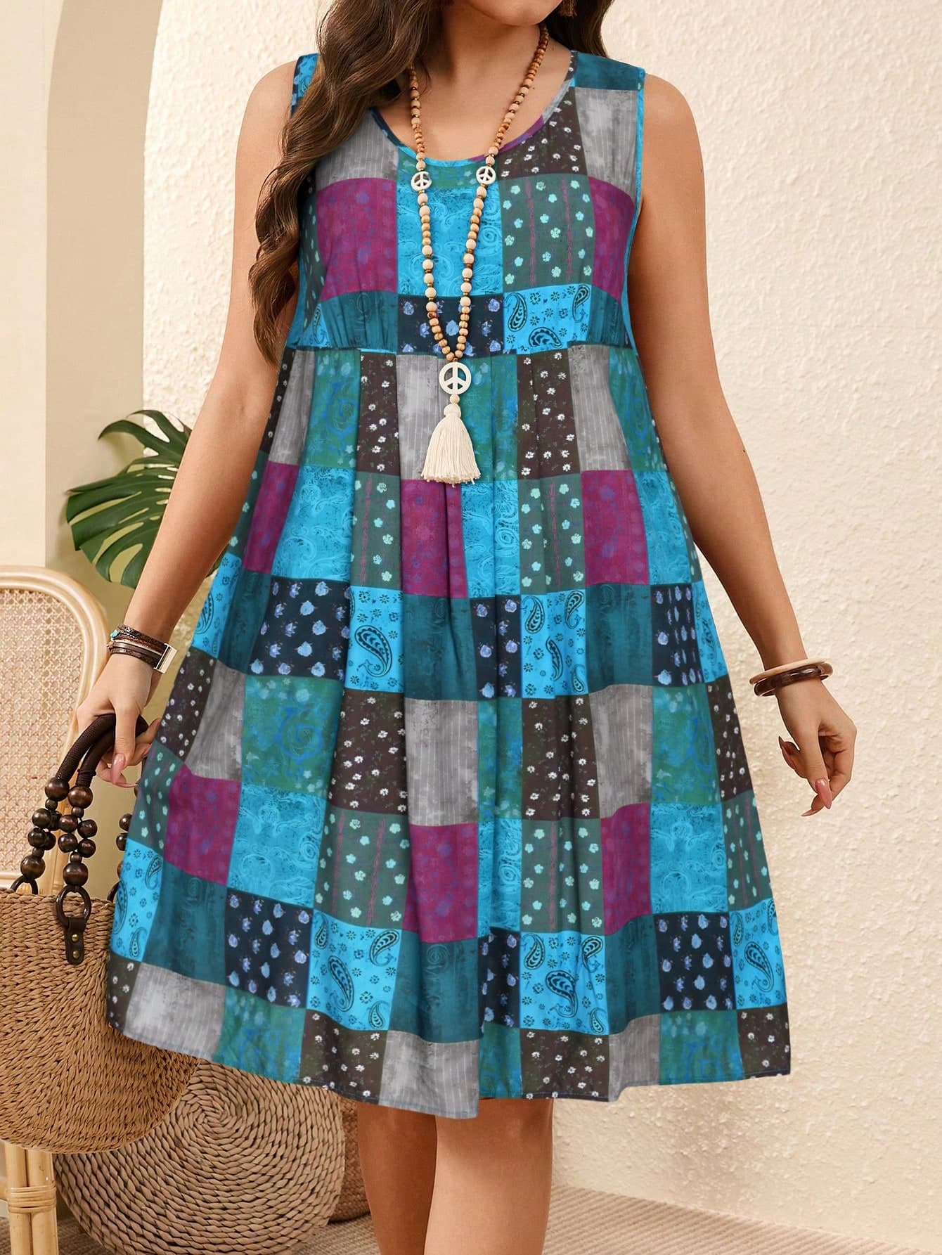 EMERY ROSE Plus Size Leisure Patchwork Printed Sleeveless Dress,Boho For Women/Summer,Western Wear Women,Vacation Outfits Woman