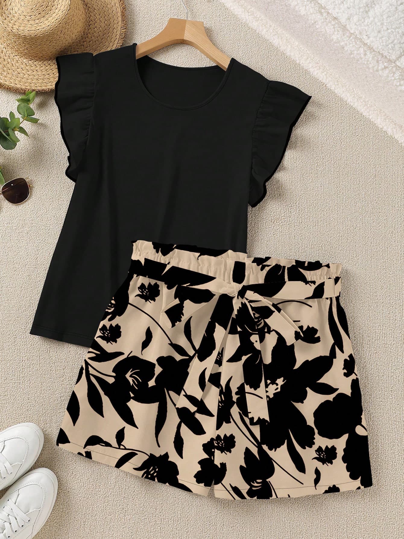SHEIN LUNE Solid Color Top & Minimalist Floral Silhouette Print Shorts 2-Piece Set, Plus Size