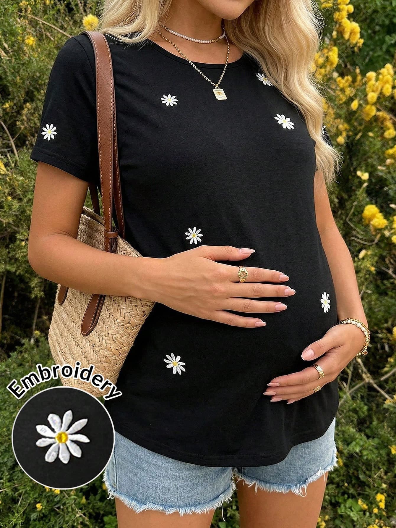 Lyckli Pregnant Women Casual Daisy Embroidery Round Neck Short Sleeve T-Shirt