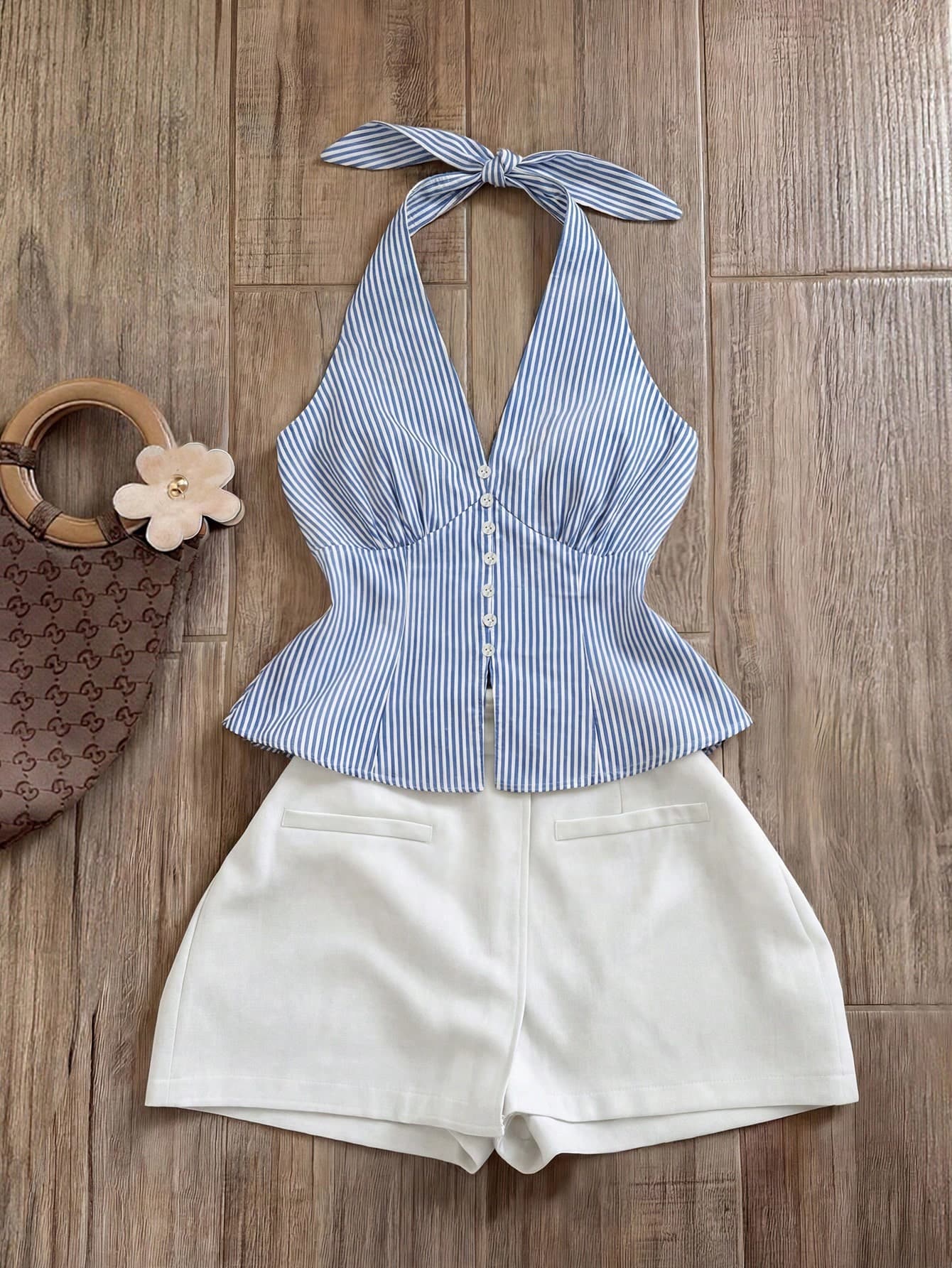 Franclia Women's Striped Halter Tie Top And Shorts Casual 2 Pieces Set