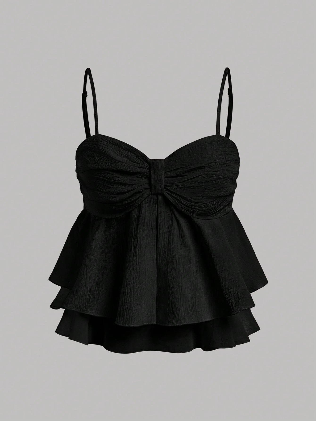 Girlism Teen Girl Sweet Pleated Ruffle Trim Camisole Top,Black Summer Casual Party Crop Tops,Cute Bow Top For Spring & Summer Daily,Vacation,Holiday Wear