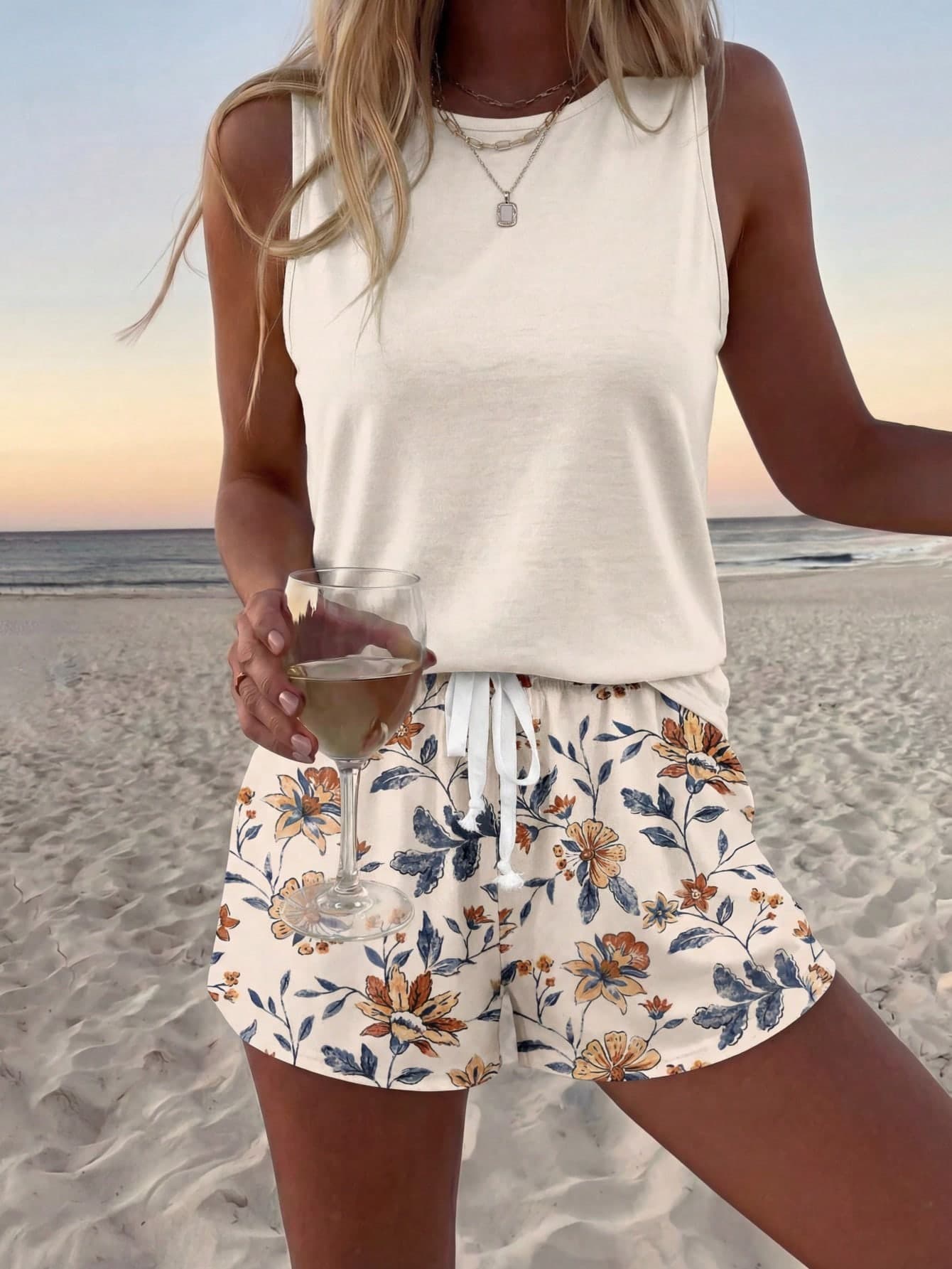 SHEIN LUNE Women's Beige Summer Casual Vacation Holiday 2 Pieces Sets,Knitted Round Neck Camisole Multicolor Floral Print Shorts Set With Pockets Outfit Beach