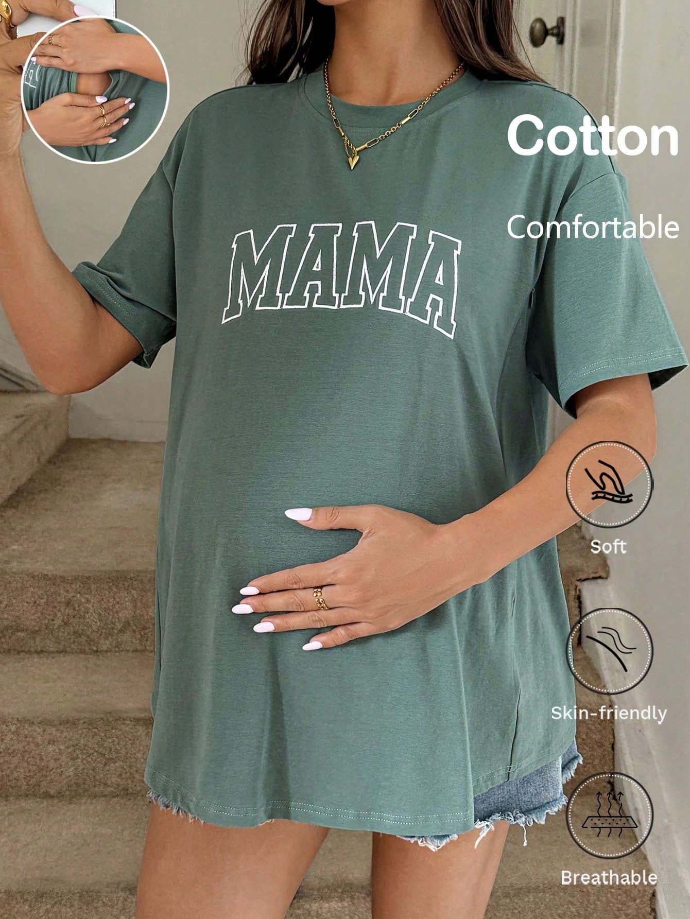 SHEIN Nursing Maternity Crew Neck Drop Shoulder Letter Print Casual Summer Top Vacation Graphic Tees World Cup