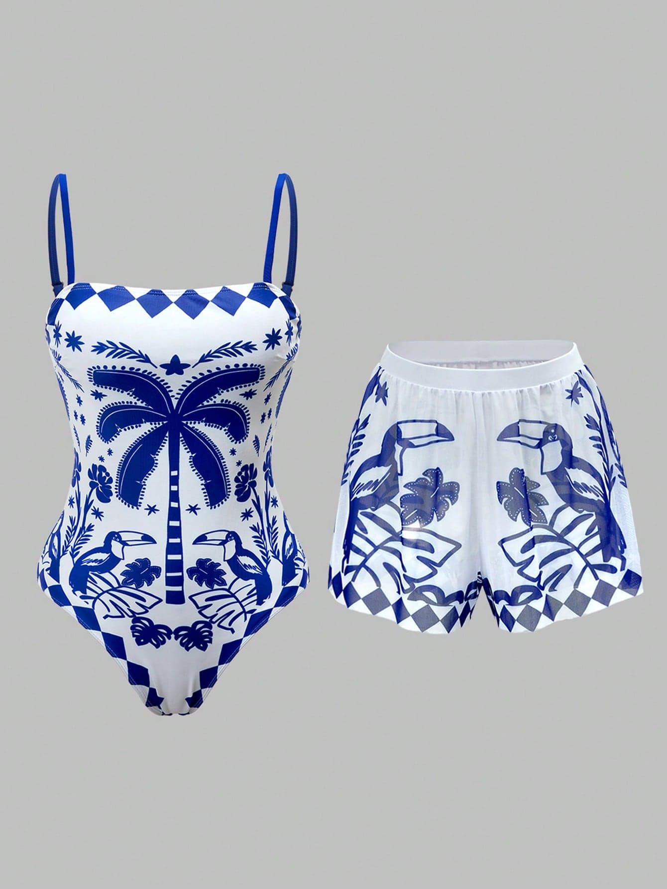 Swim Oasis Women's Blue And White Palm Tree Print One-Piece Swimsuit With Cover-Up Shorts,Boho Two Piece Bathing Suits For Summer Beach Vacation Holiday Holiday