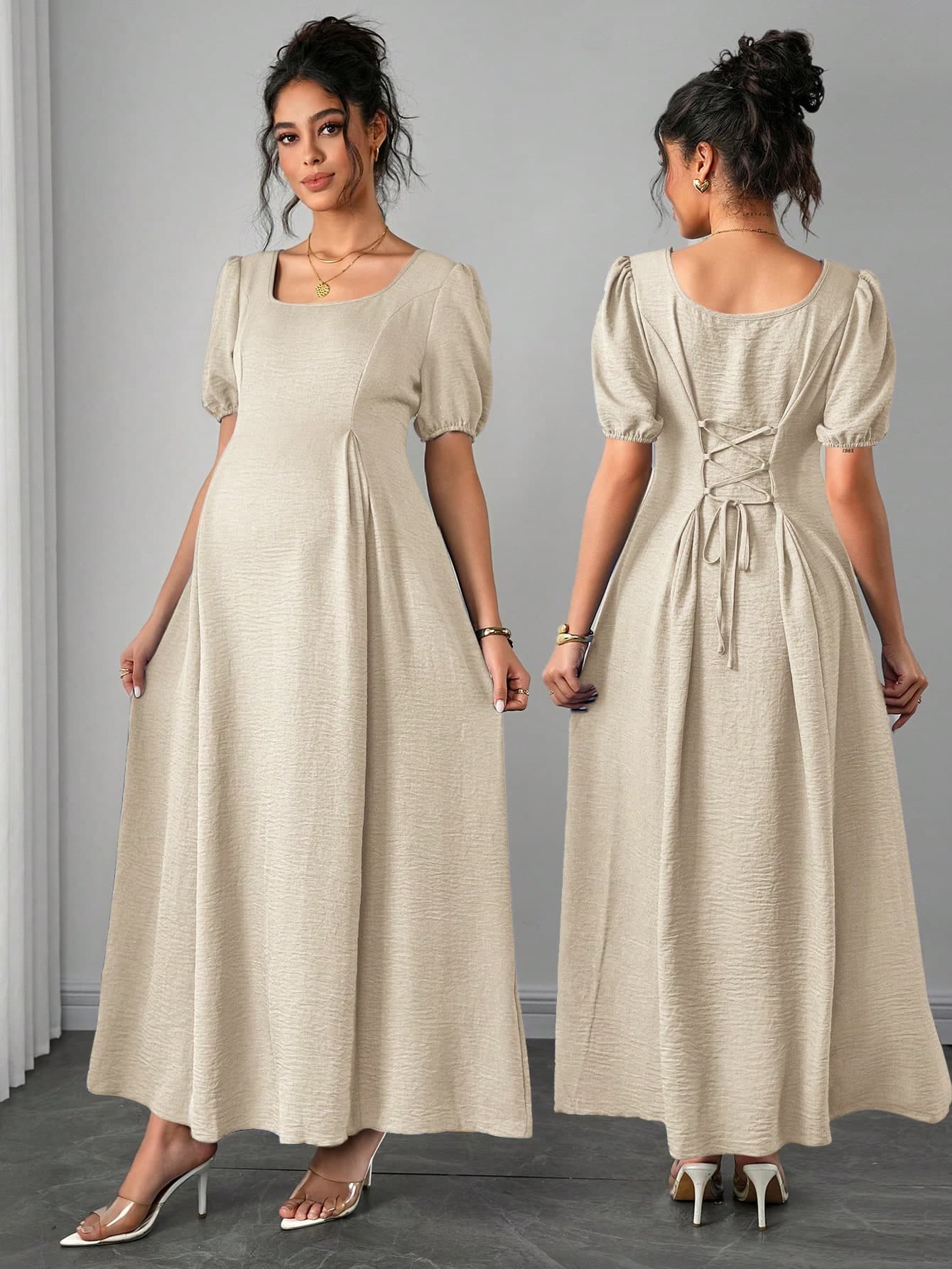 SHEIN Asymmetric Shoulder Ruched Waist A-Line Elegant Romantic Maternity Dress, Comfortable