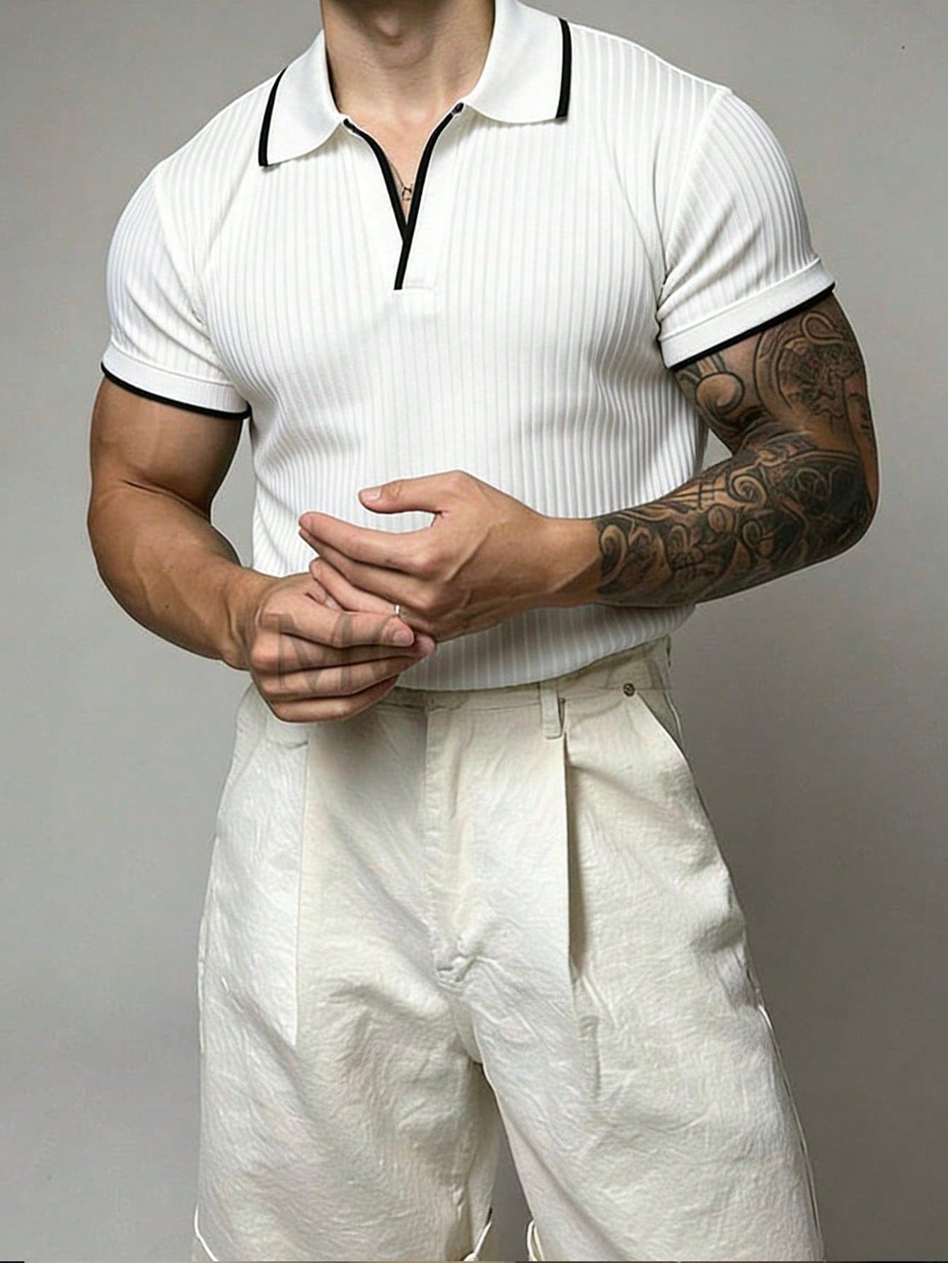 Manfinity Homme Men's Contrast Trim Casual Versatile Commuting Short Sleeve Polo Shirt, White, Formal
