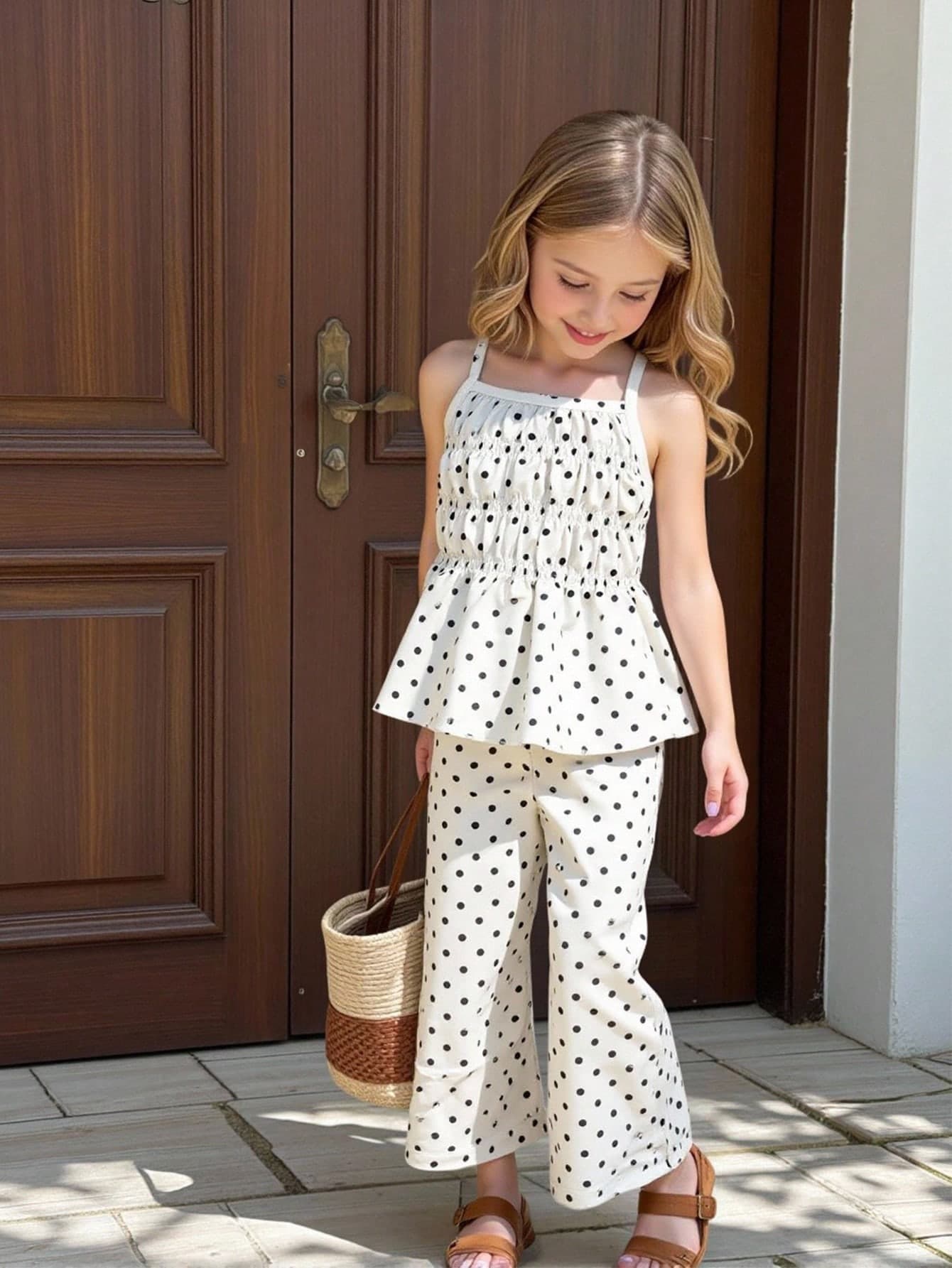 SHEIN Young Girl' Cute Polka Dot Print Camisole And Wide Leg Pants Set, Suitable For Vacation And Outdoor Activities Black White Girls Outfit Sets
