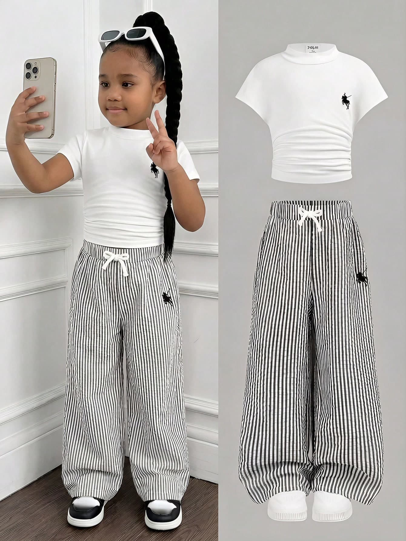 Young Girls' Fashion Casual Minimalist White Printed T-Shirt And Black&Striped Knit Pants 2-Piece Set,Suitable For Outings,School,Vacation