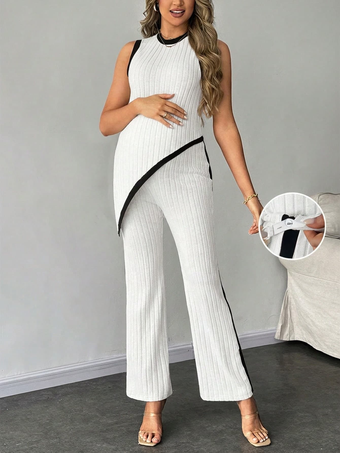 SHEIN Maternity White Ribbed Asymmetric Hem Tank Top And Adjustable Waist Flare Pants Summer Casual 2 Pieces Set Women Vacation Outfits Tall Clothes