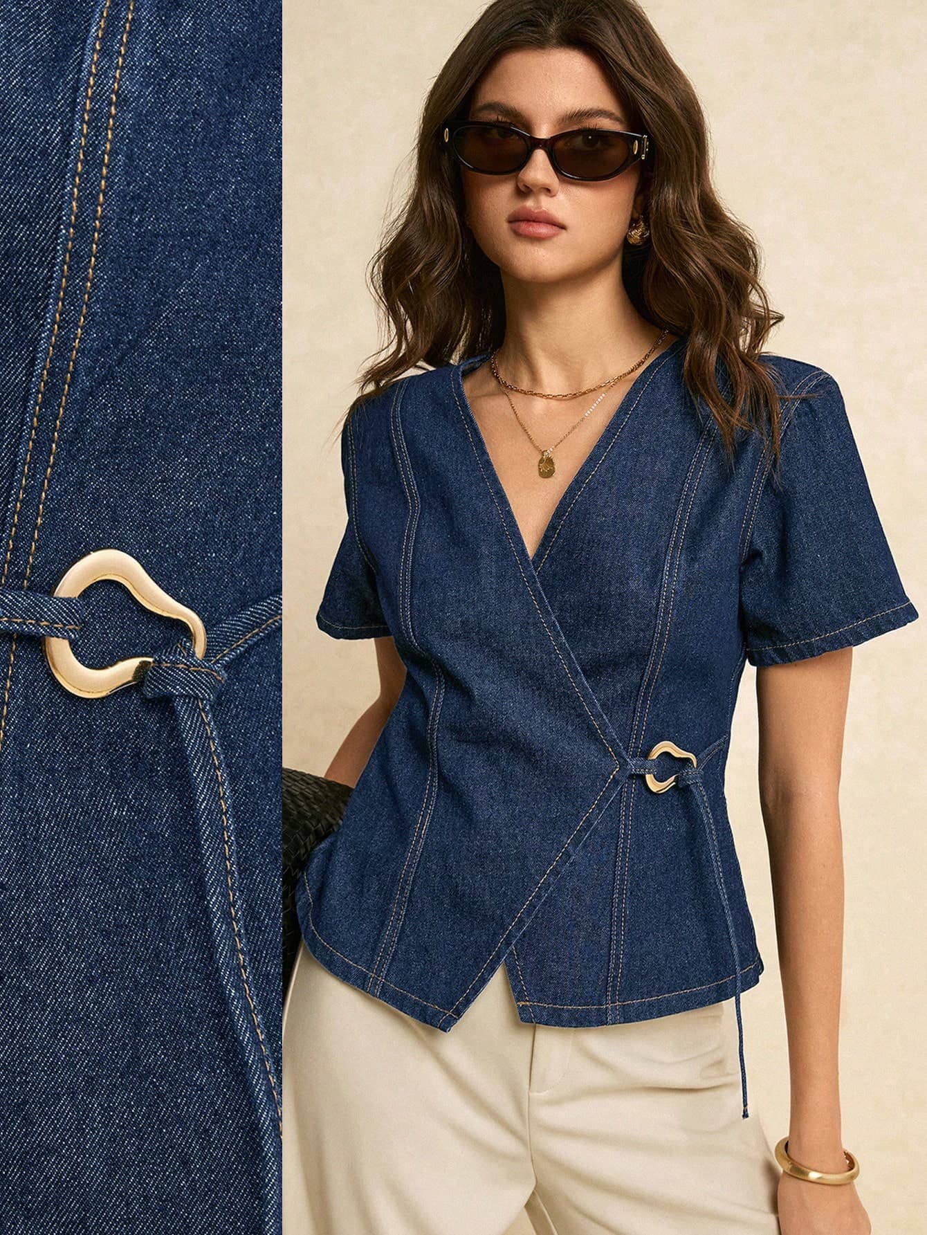 Poéselle Women's V-Neck Metal Decor Casual Versatile Daily Wear Denim Top Occasion Navy Blue Summer