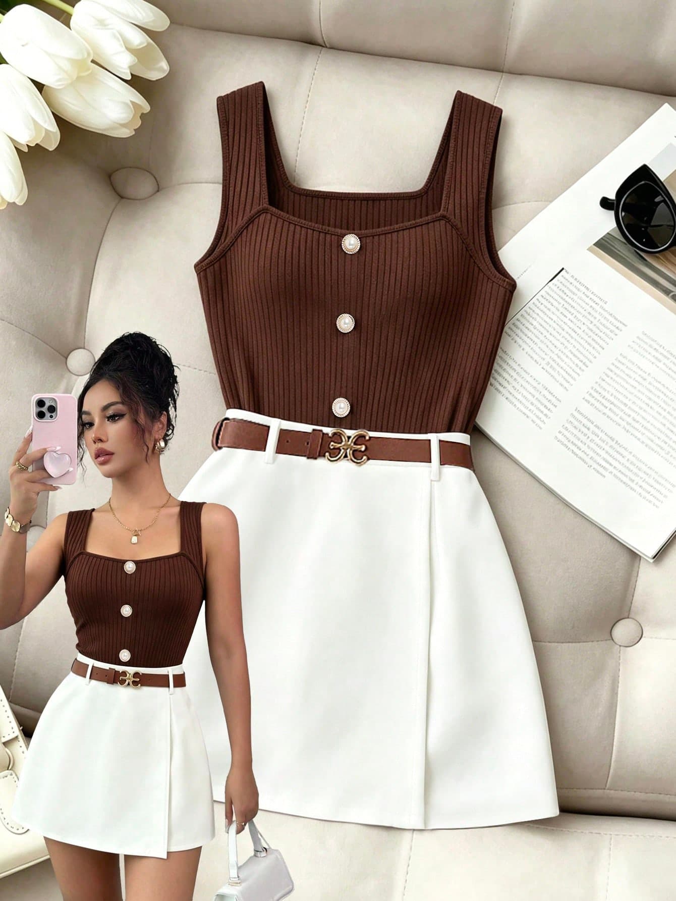 Elenzga Women's Summer Casual Solid Color Tank Top And Shorts 2 Pieces Set