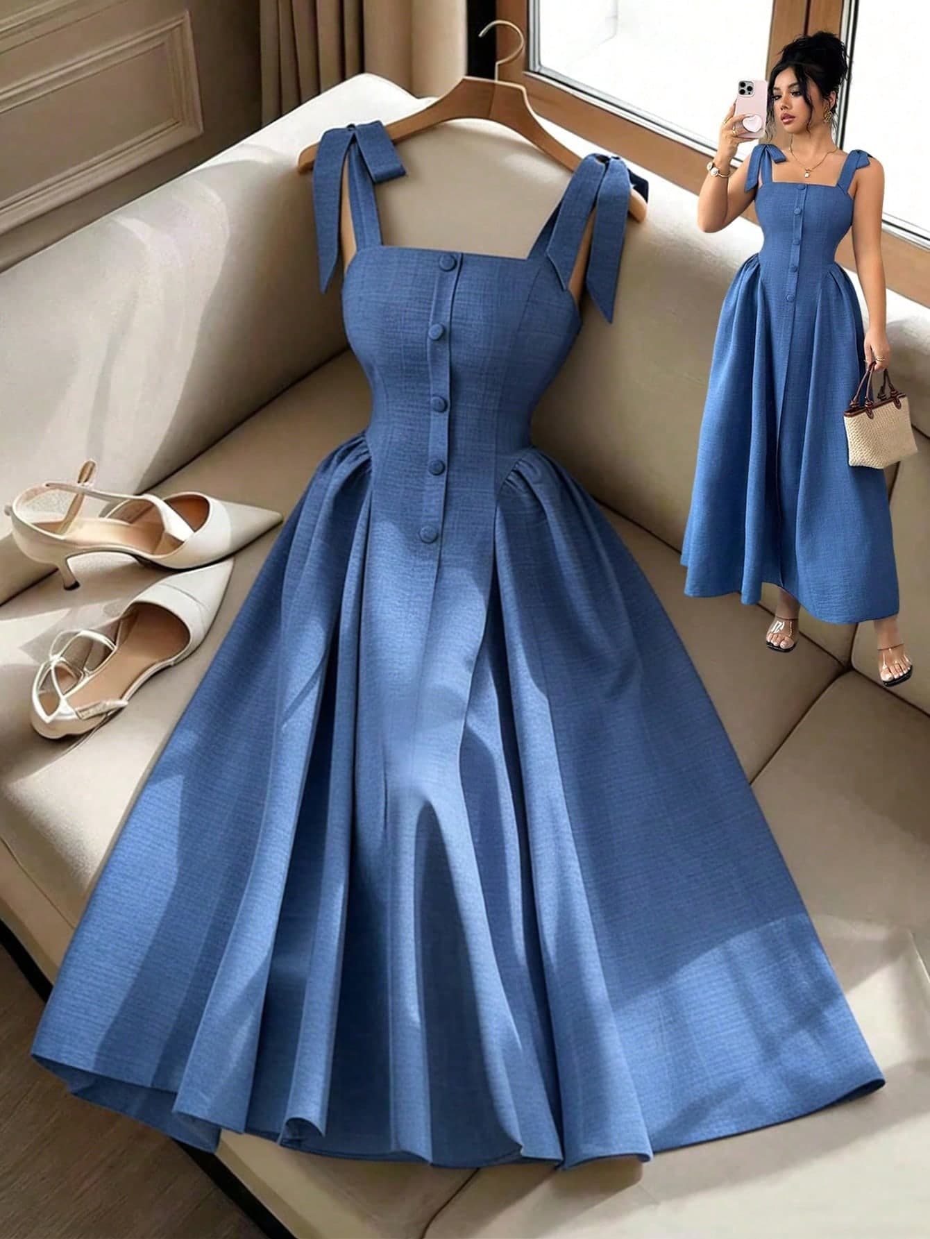 Elenzga New Strappy Textured Dual-Tone Woven Fitted Young Elegant Commuter Versatile Women Long Dress