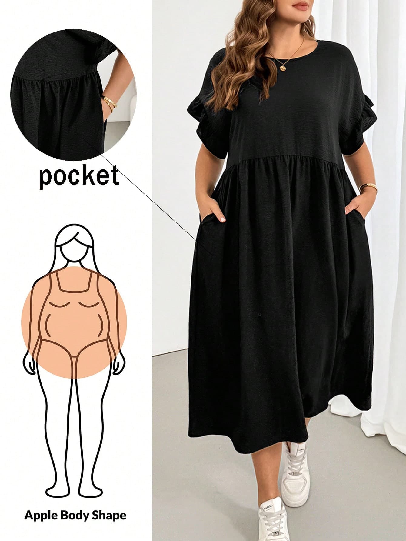 Shapeblank Women's Plus Size Black Midi Dress,Sommar Smart Casual Vacation Summer Outfits,Fashionable Loose Pocket Ruffled Sleeves Oversize Clothes