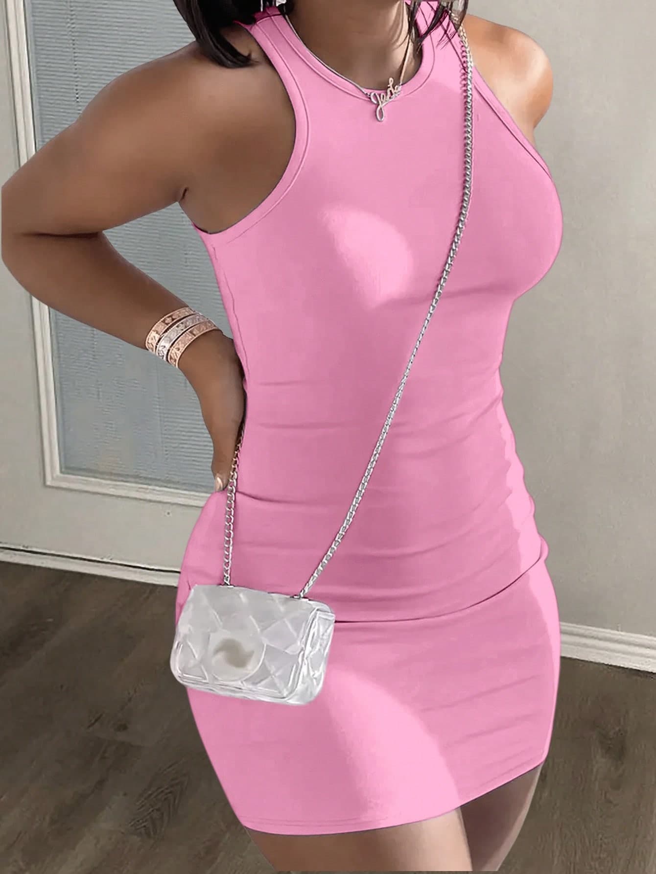 Slaydiva Minimalist Casual Basic Sleeveless Round Neck Tight Fit Lavender Mini Knit Dress - C,Pink Dress
