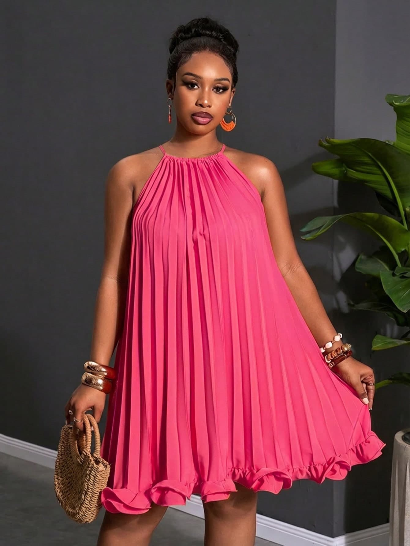 Veslaya Hot Pink Summer Tropical Vacation Holiday Women Plus Size Mini Dress,Sleeveless Halter Tie-Knot Ruched A-Line Ruffled Hem Boho Beach Elegant Party