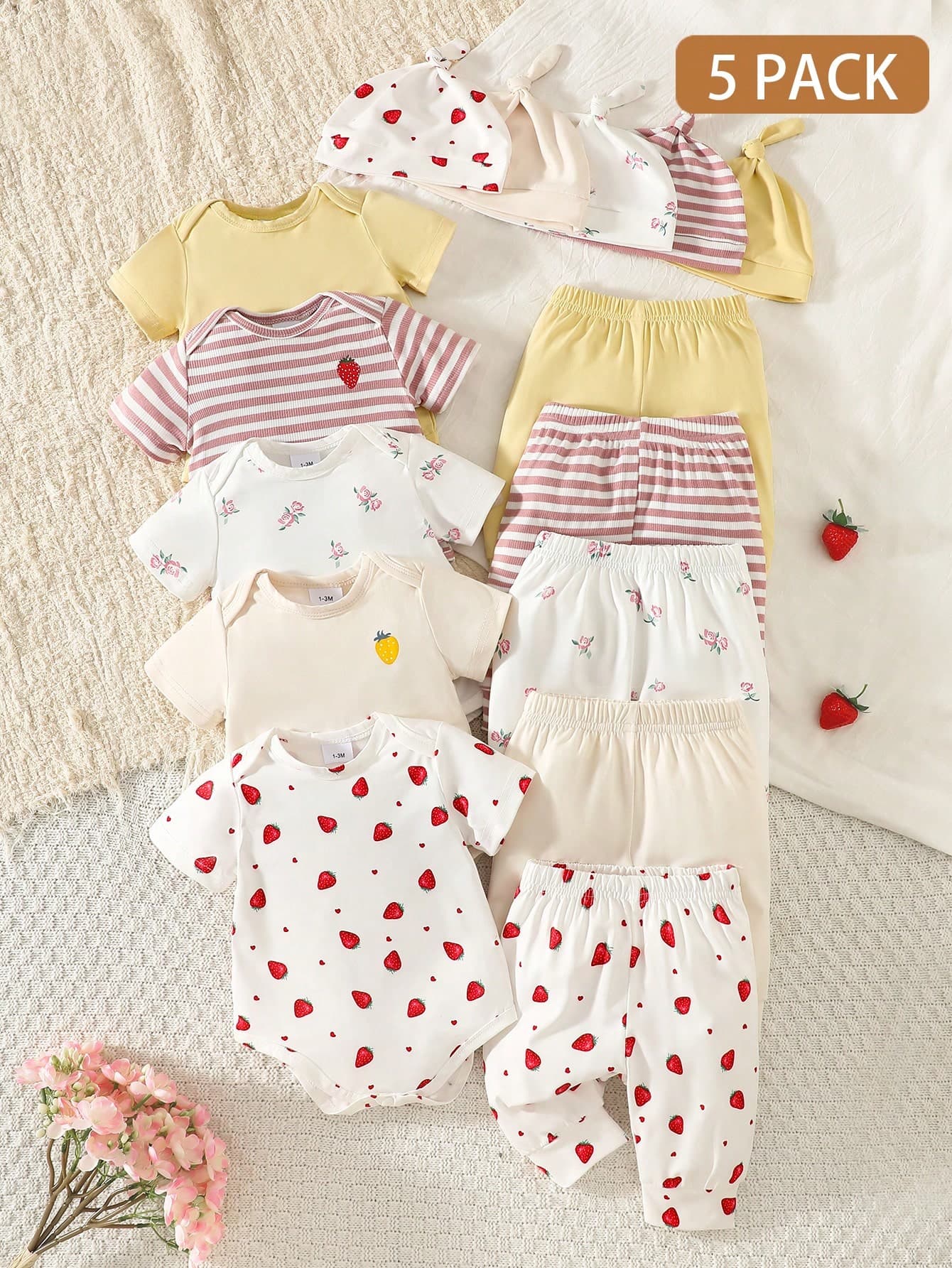 SHEIN Unisex Newborn Baby Cute 5-Piece Set: Romper + Pants + Hat, Summer Baby Clothes Babies Clothes Nursery Clothes Newborn Clothes Set