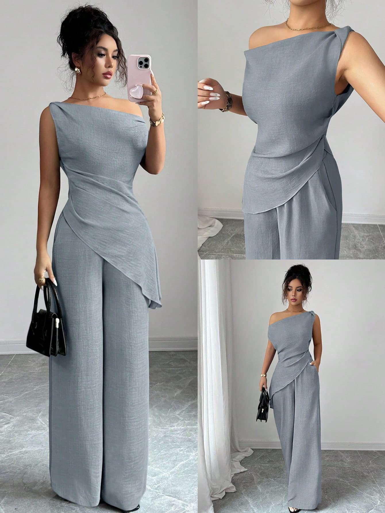 Elenzga Summer New Korean 2 Pieces Set, Suitable For Travel & Photography, Gorgeous Deep Sea Blue Asymmetric Shoulder Top + High Waist Casual Pants Suit