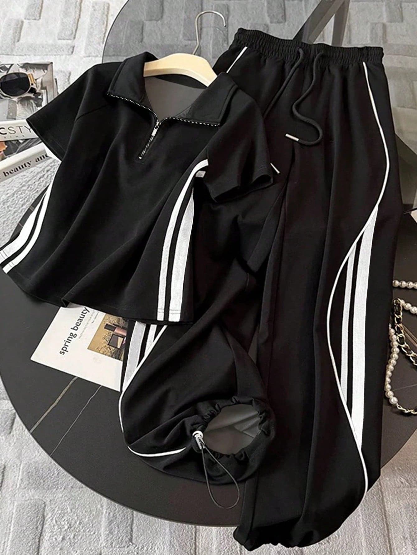 Resyla Fitted Stand Collar Raglan Short Sleeve Top + Casual Pants