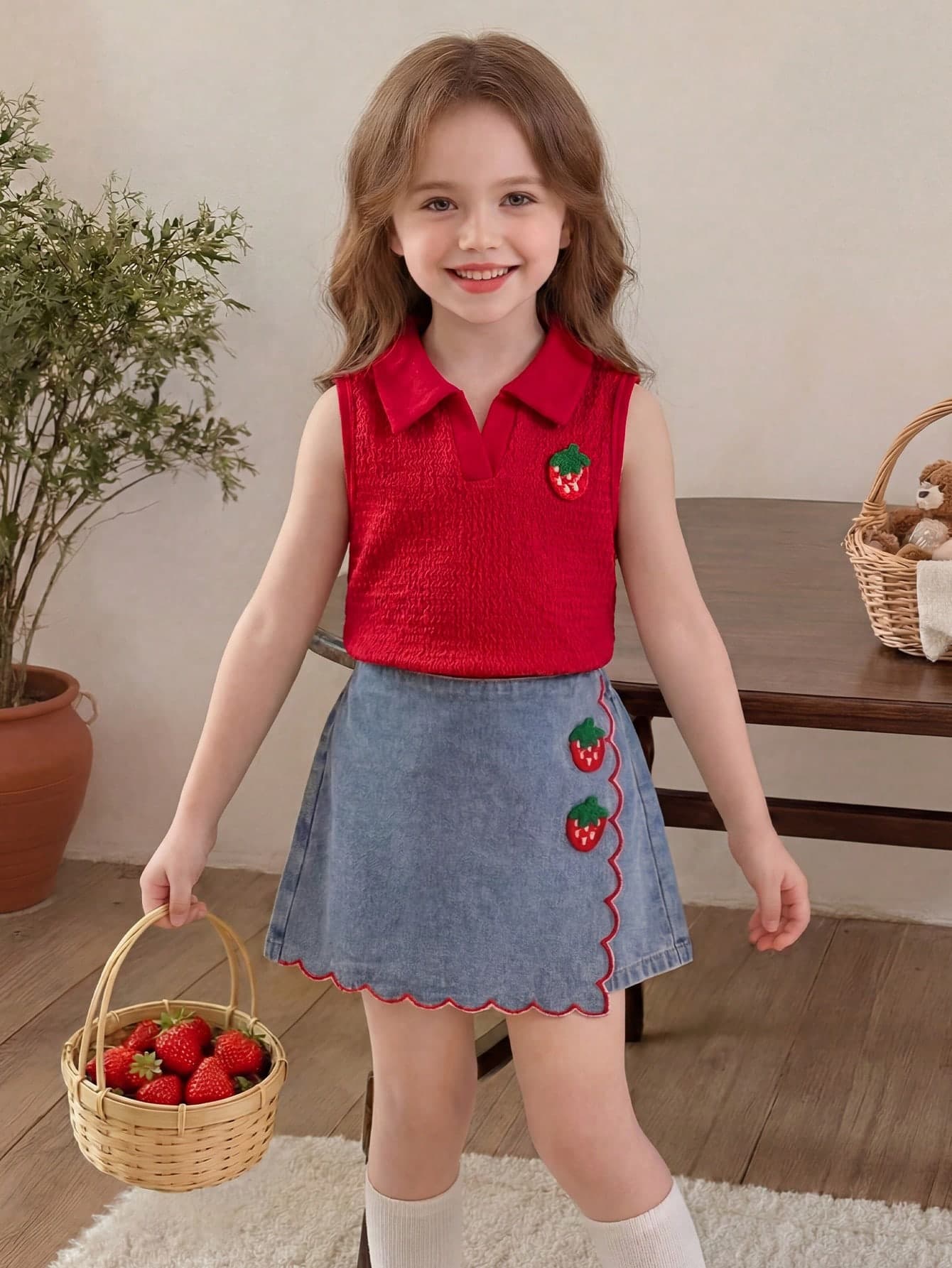 Elladie kids Cute Girls Sleeveless V Neck Camisole With Multicolor Strawberry Patched Denim Skirt Short Co-Ords