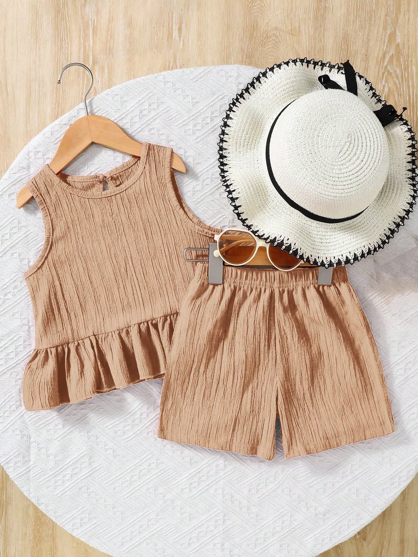 Genkimix Kids Young Girl Woven Solid Color Round Neck Sleeveless Top And Loose Woven Solid Color Shorts 2-Piece Set