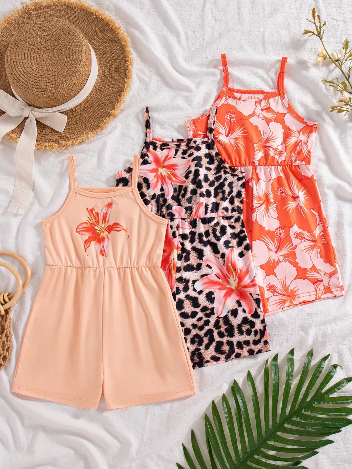 SHEIN Playful Pals 3pcs/Set Toddler Girls' Summer New 2025 Floral Print & Solid Color Romper Shorts,Minimalist Fashionable Holiday Orange Beach Vacation Outfit Sets
