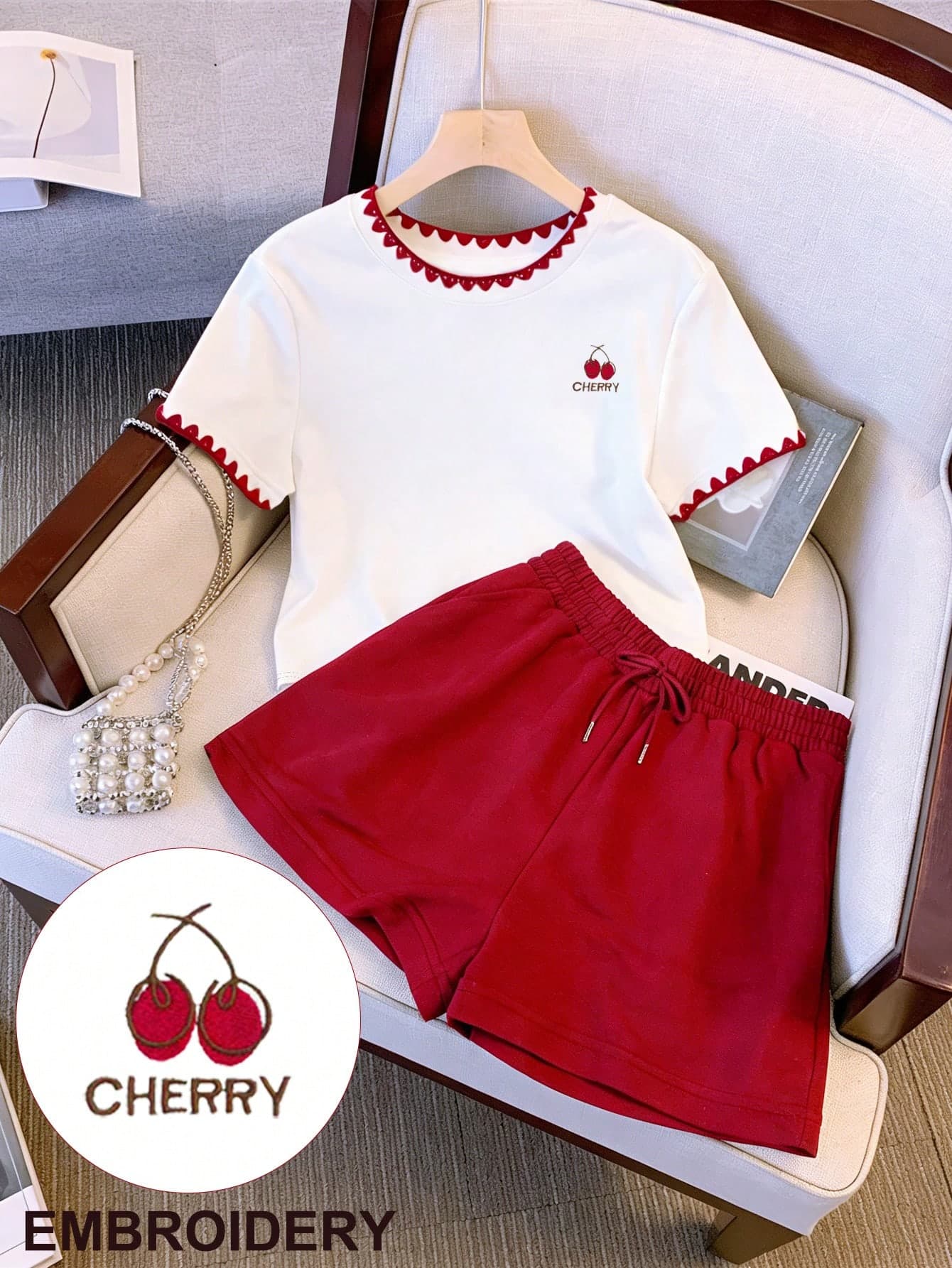 Resyla Women's Casual Contrast Trim Cherry Embroidery T-Shirt And Shorts Set