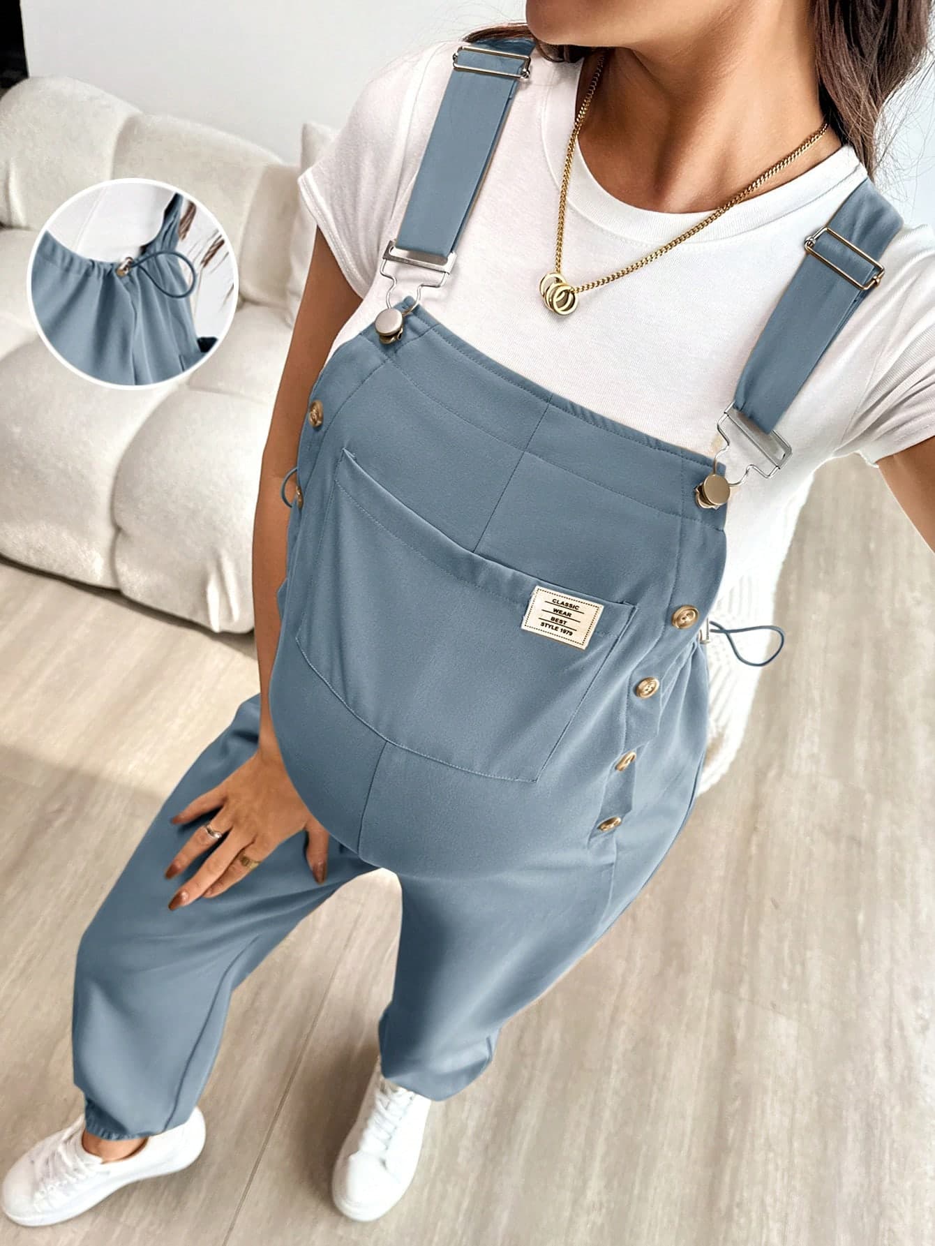 SHEIN Maternity Solid Color Patch Pocket Casual Bib Jumpsuit