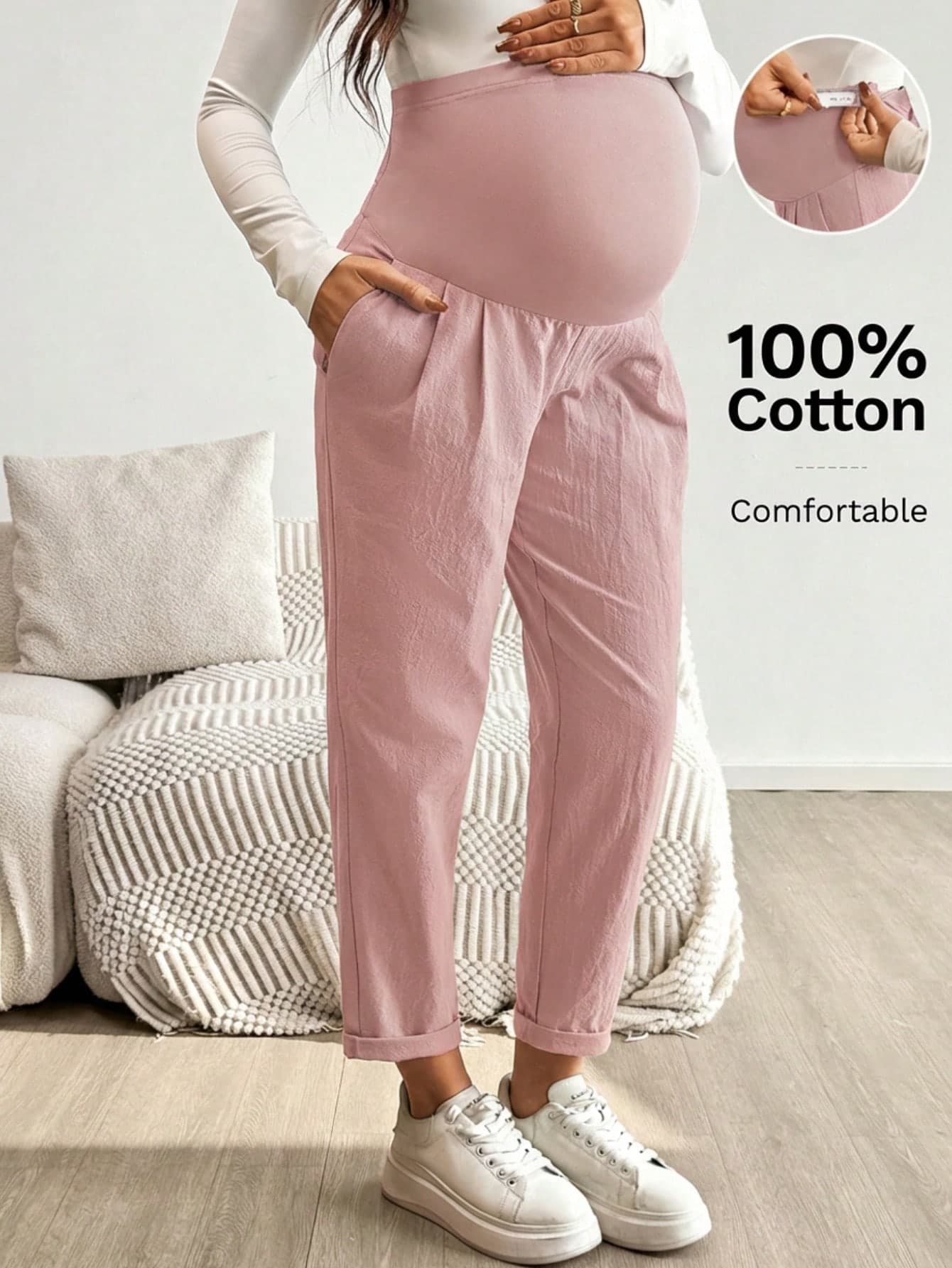 SHEIN Maternity Solid Color Pleated Pocket Casual Pants Fall