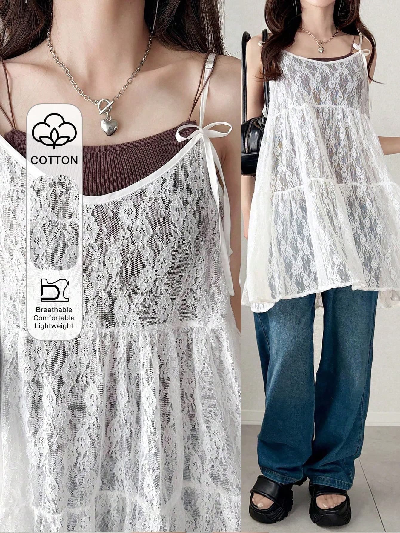 FRIFUL Women's Plaid Camisole With Bow Tie Straps, A-Line Multi-Layered Patchwork Casual Tank Top, Autumn Summer