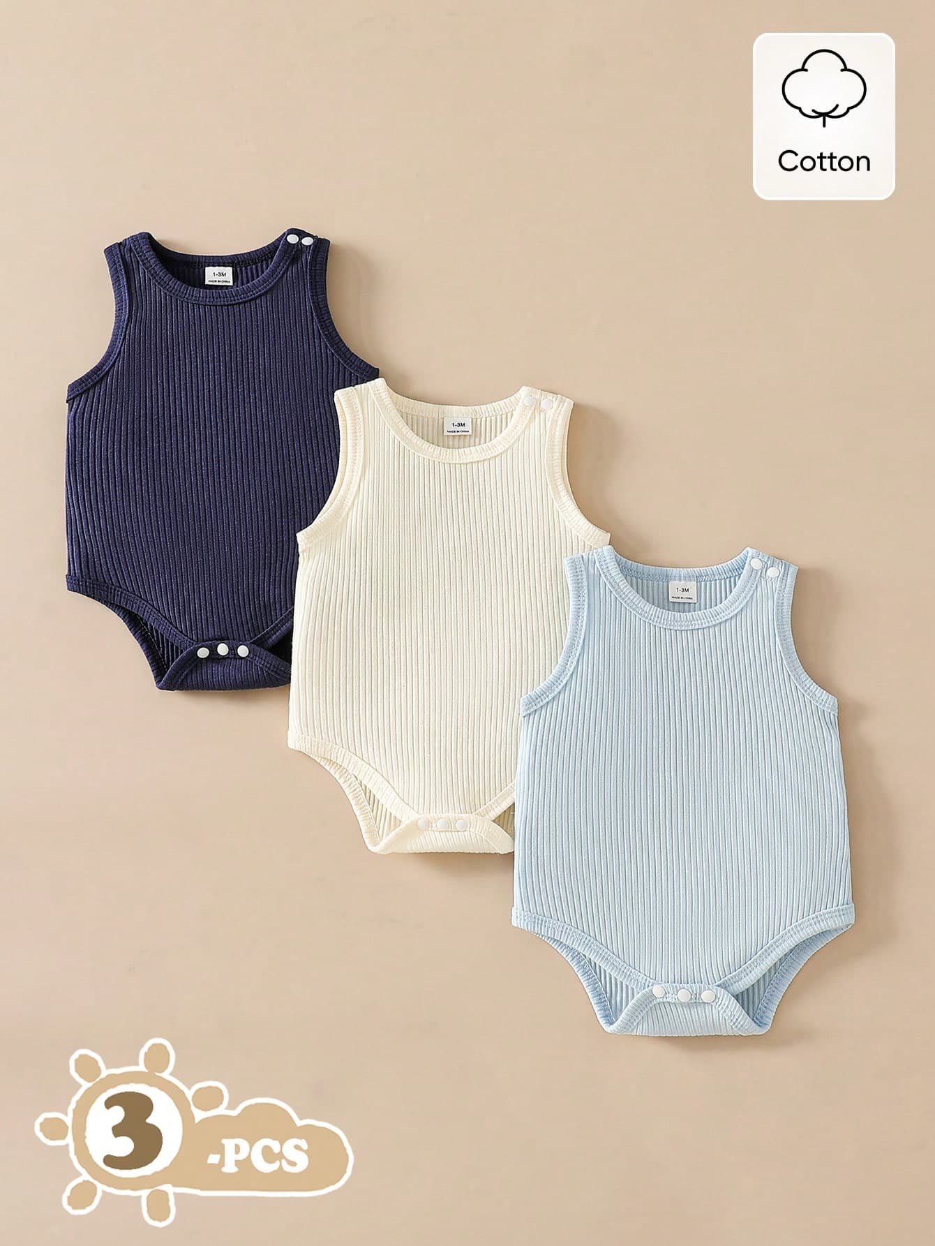 SHEIN Vintaside Kids 3pcs Baby Unisex Summer Casual Vest Bodysuit Set Soft Cotton Navy Blue White Mocha Black Ribbed Outfits For Family Matching Vacation Travel & School