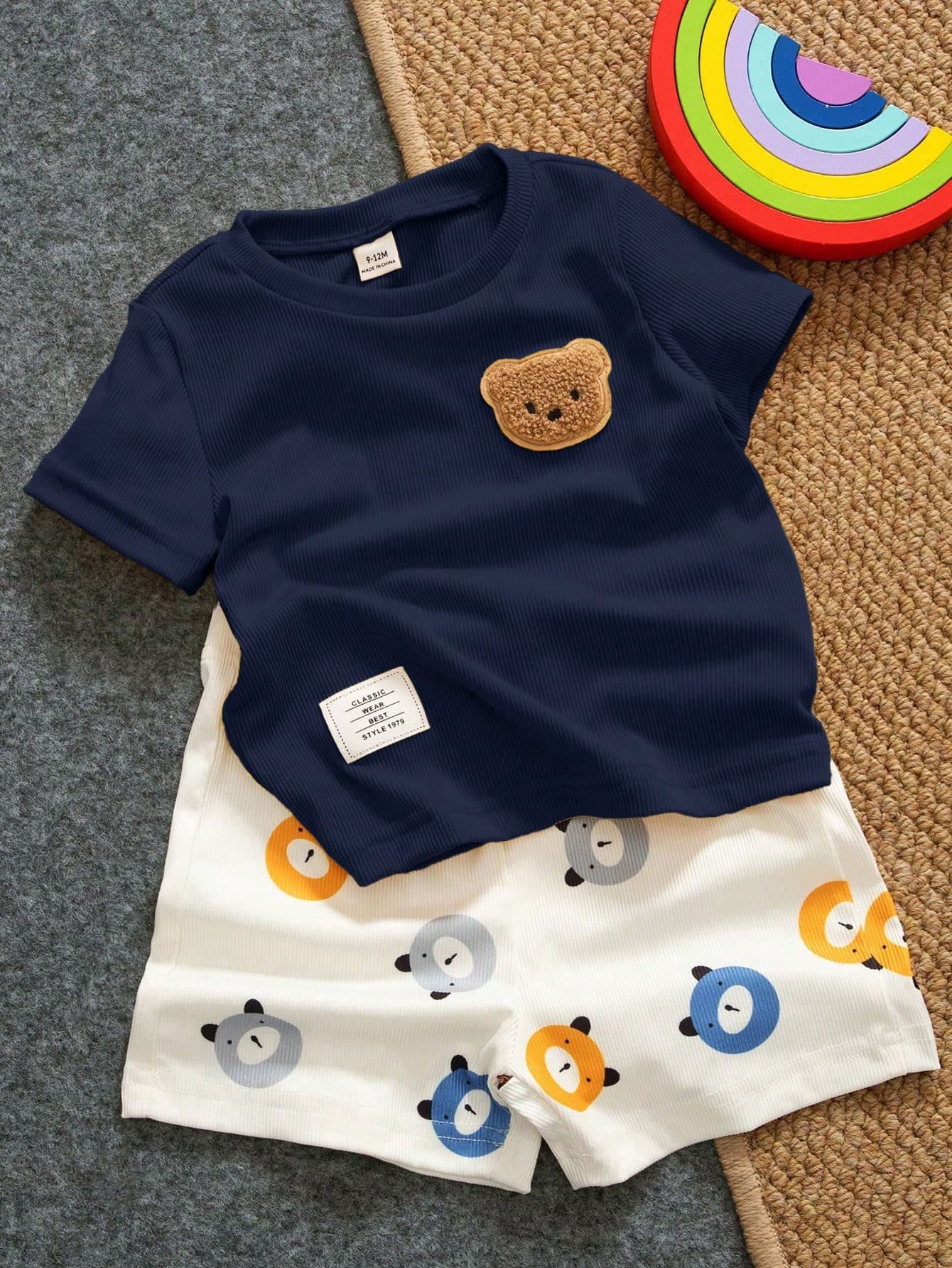 SHEIN Playful Pals 2pcs Baby Boy Outfit Set Cartoon Bear Decor Ribbed Short Sleeve Shirt & Bear Print Shorts Navy And White Summer Casual Beach Baby Boy Clothing Set