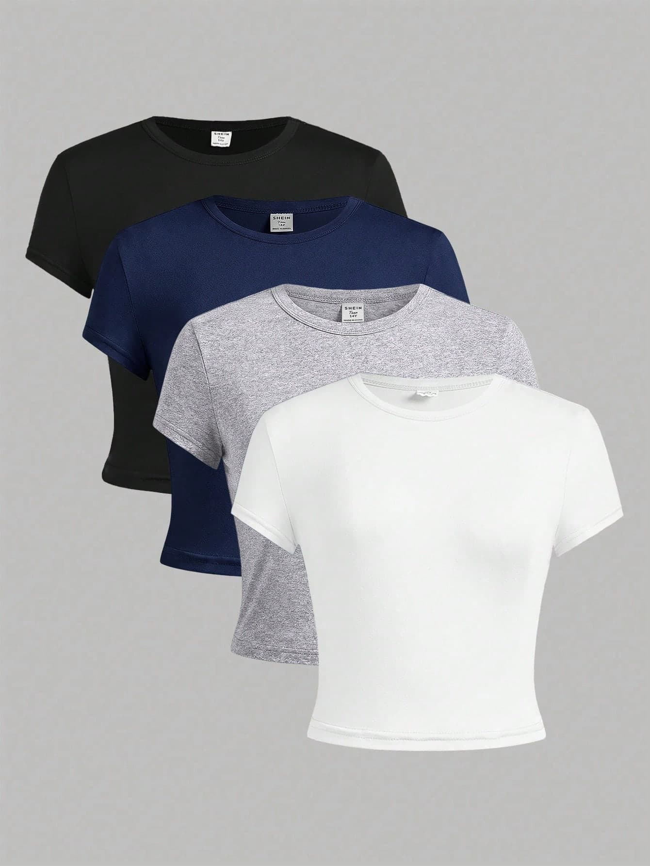 SHEIN Girlism 4pcs/Set Teen Girl Solid Color Knit Casual Short Sleeve T-Shirt