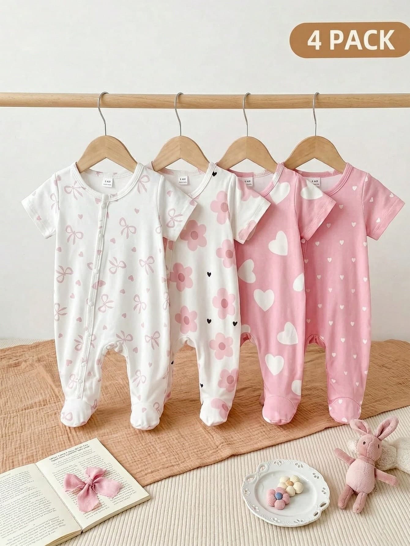 SHEIN 4-Piece Baby Round Neck Short Sleeve Summer Pink And White Floral Heart Bow Print Pajamas Set,White With Black Polka Dots,Cute Family Matching,Soft