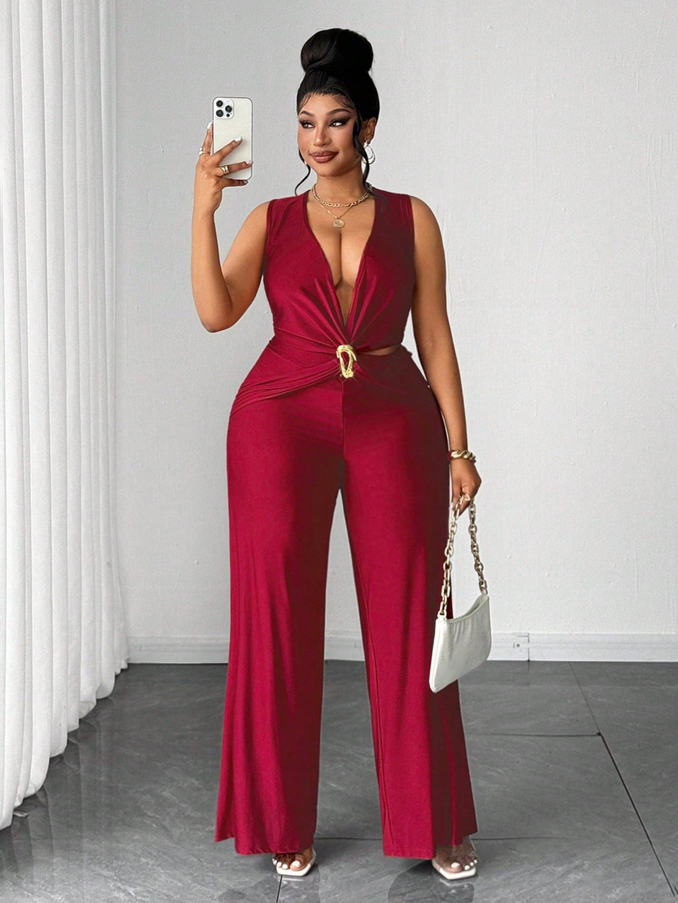 Maweii Plus Size Women's Elegant Brown Satin Jumpsuit,Metal Buckle Decor Sleeveless Crop Top Wide Leg Jumpsuit Set,Summer Party Gym Resort Style
