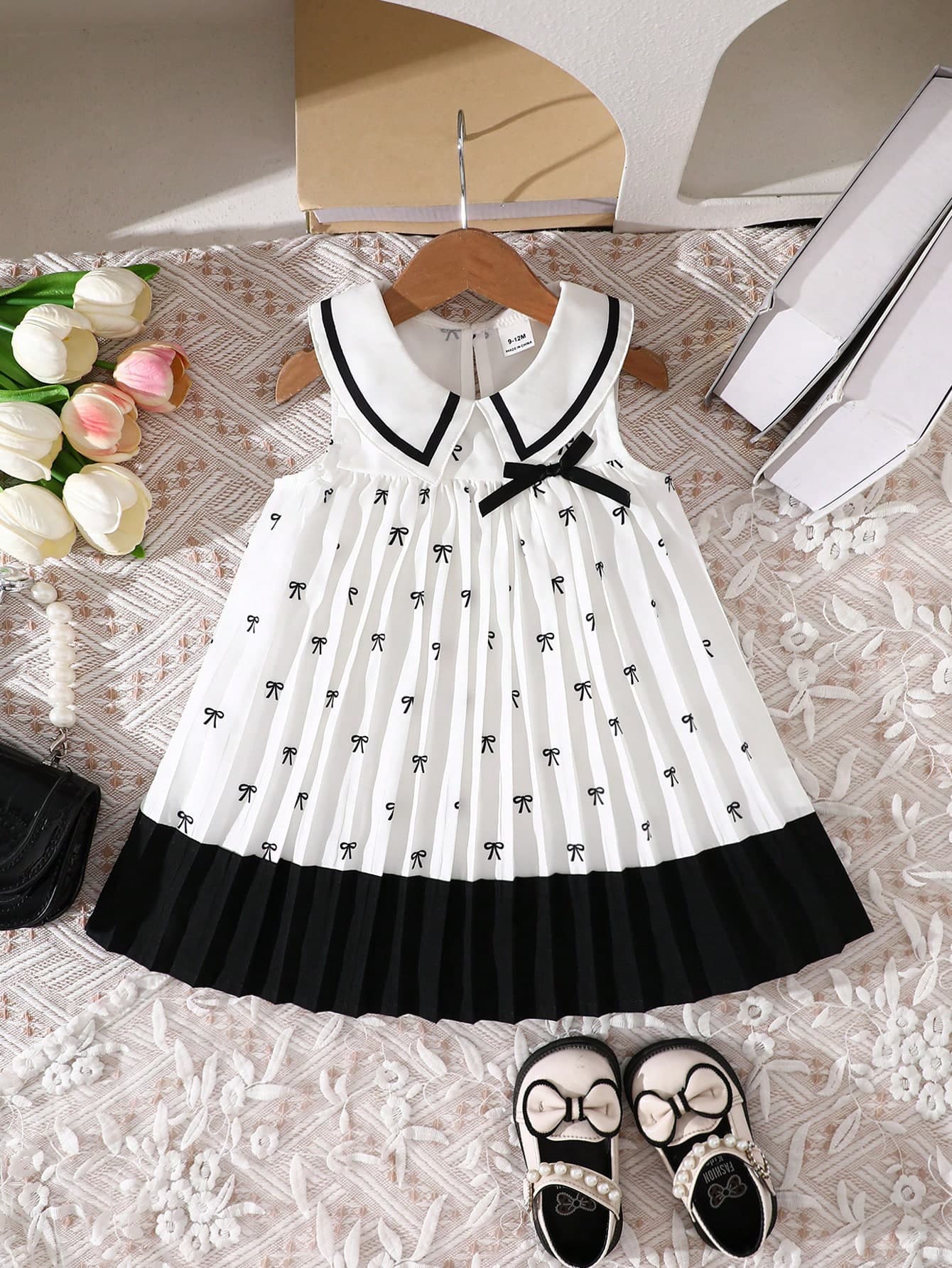 SHEIN Playful Pals Baby Girls Casual Cute Colorblock Pleated Dress