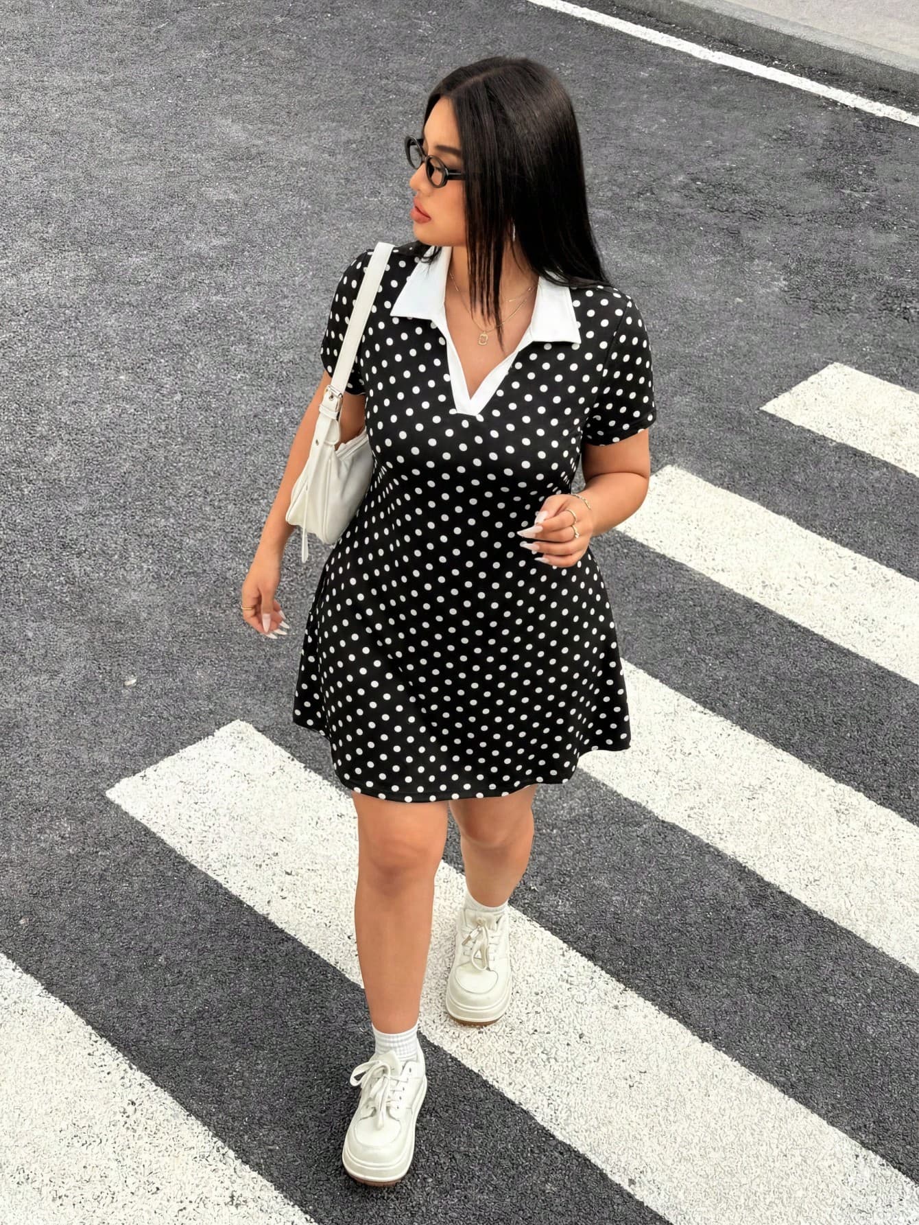 Muchica Plus Size Summer Casual Polka Dot Print Dress,Black And White,2000's Y2k Fairycore Elegant Vacation Work Office School Back-To-School Party