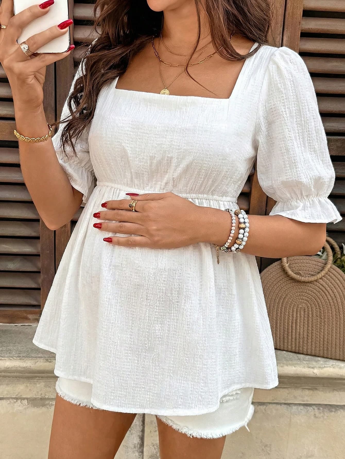 SHEIN Maternity Casual Solid Color Puff Sleeve Shirt