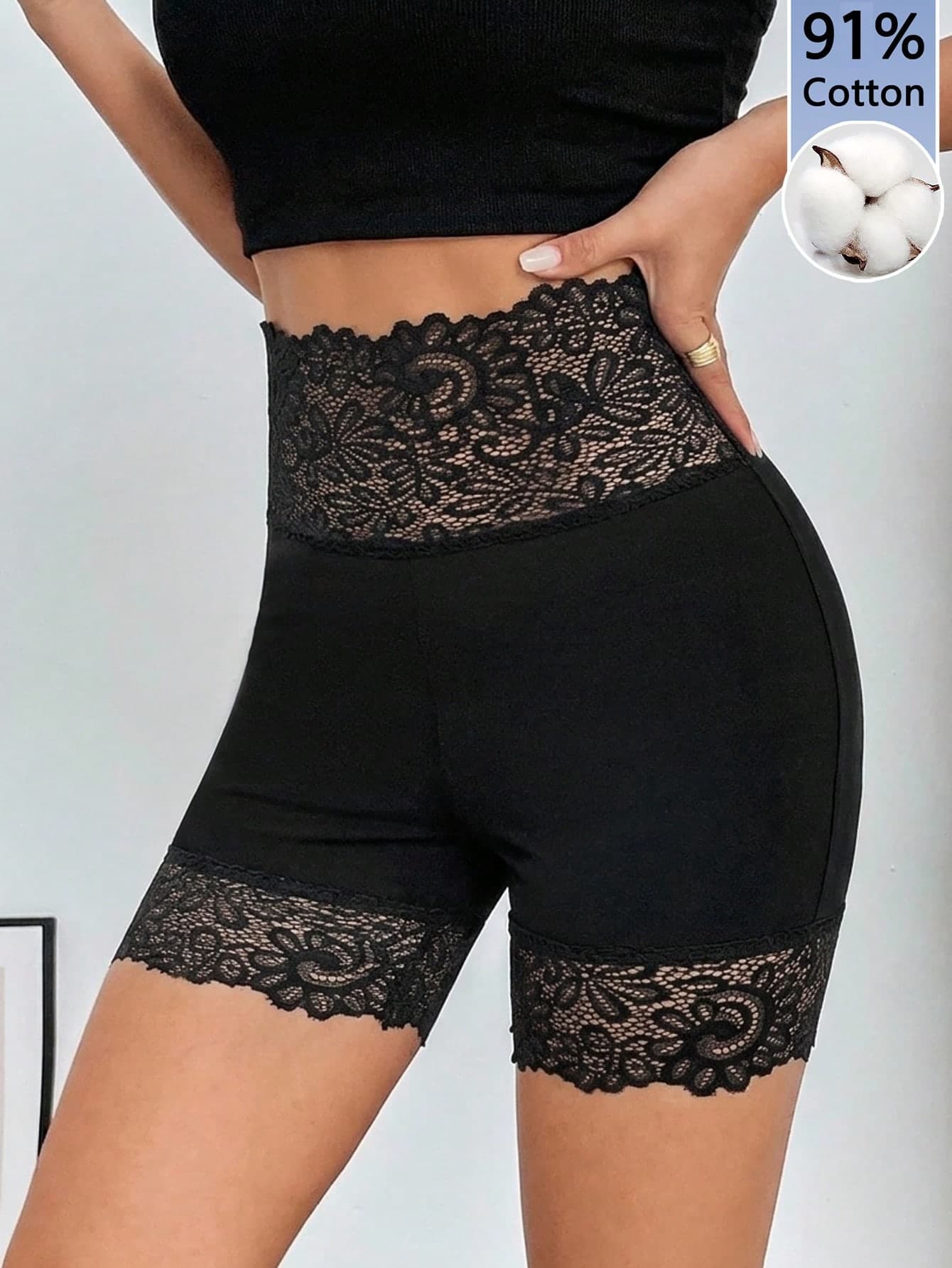 Firerie Women's 91% Cotton Black Contrast Lace High Waist Biker Shorts,Elegant& Summer Sportswear,Comfort Yoga Under Skirts,Retro Night Clothing