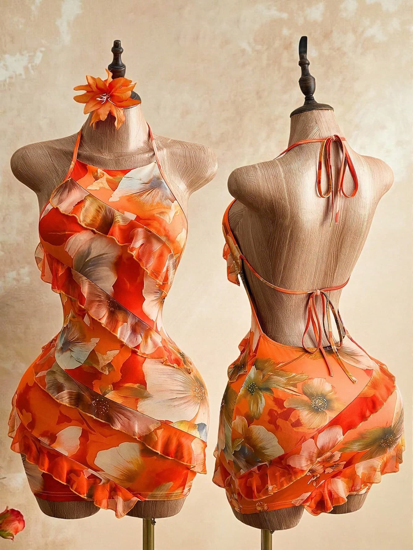 Mistrie Lady's Orange Red Floral Print Halter Dress,Boho Summer Holiday Vacation Holiday Sweet Spicy Style,Ruffled Border Design,Y2K Revival Slim Fit Dress