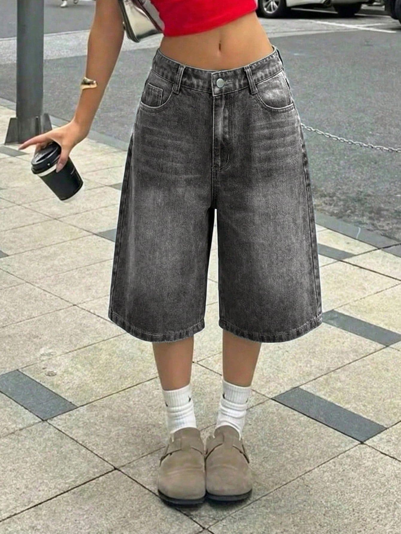 SHEIN Teen Girl Y2K Retro Washed Pocket Design Loose Bermuda Denim Shorts, Suitable For Summer Chill, School, Campus, College, Suitable For Spring And Summer Boho, Season Vintage//Beach/Sea/Elegant Graduation
