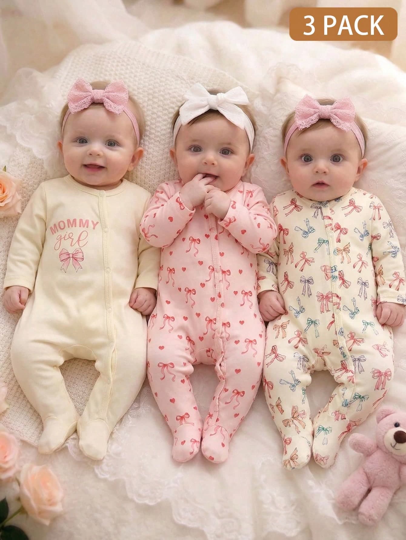 SHEIN Newborn Baby 3-Piece Set Of Cute Pink Summer Jumpsuit Knitted Heart-Shaped Full Print MOMMY Girl Bow Long Sleeved Snap Closure Family Matching Wear