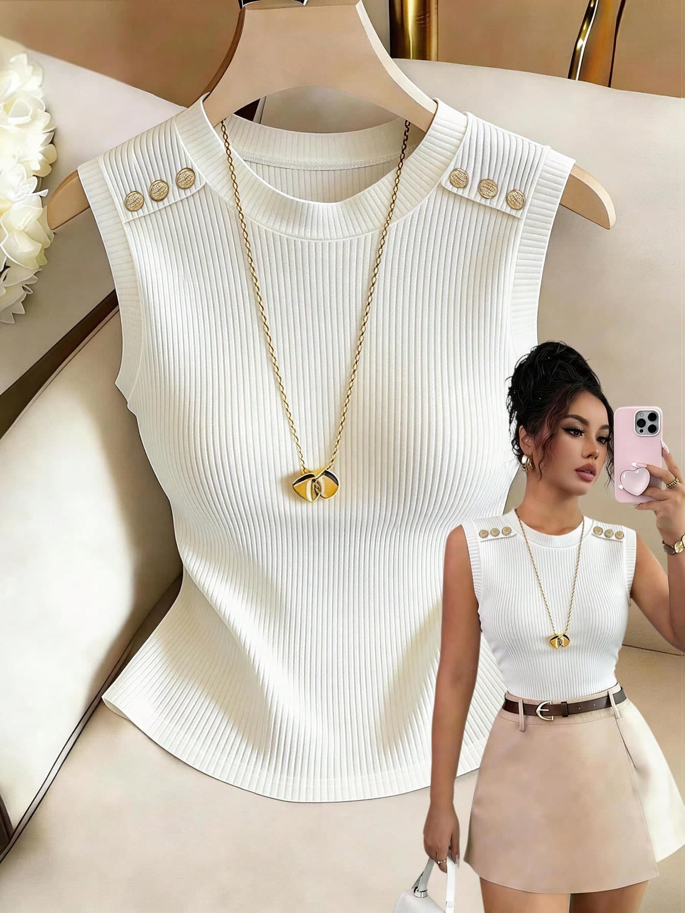 Rafferiza Sleeveless Decorative Button Vest For Women, Suitable For Home, Daily Wear, Outings, Travel, Business