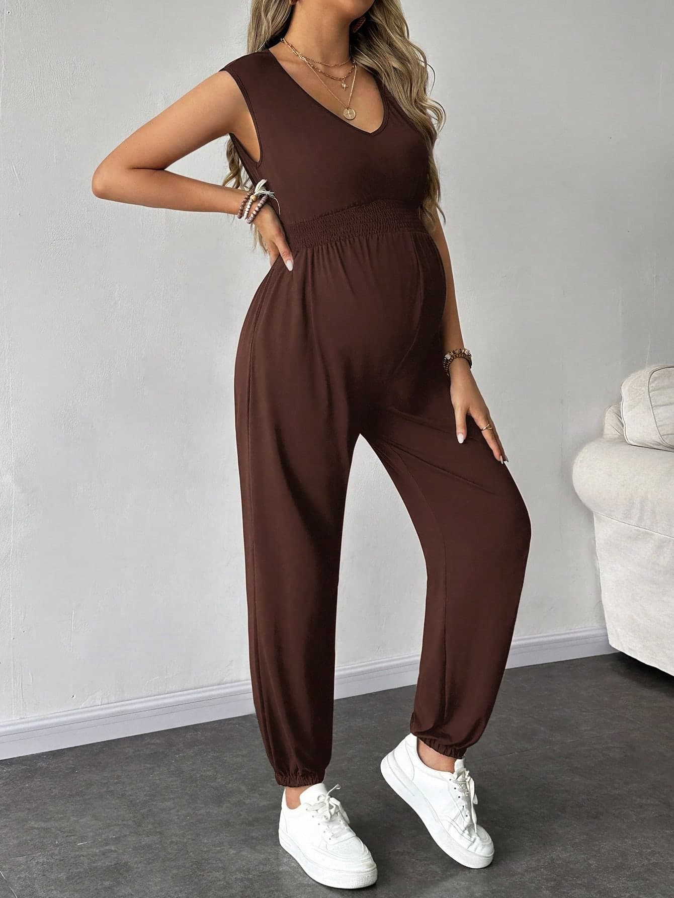 SHEIN Maternity Casual Solid Color Sleeveless Jumpsuit,Women's Pregnancy Clothes For Autumn,Smart Casual,Going Home From Hospital Summer Rompers Outfit Set